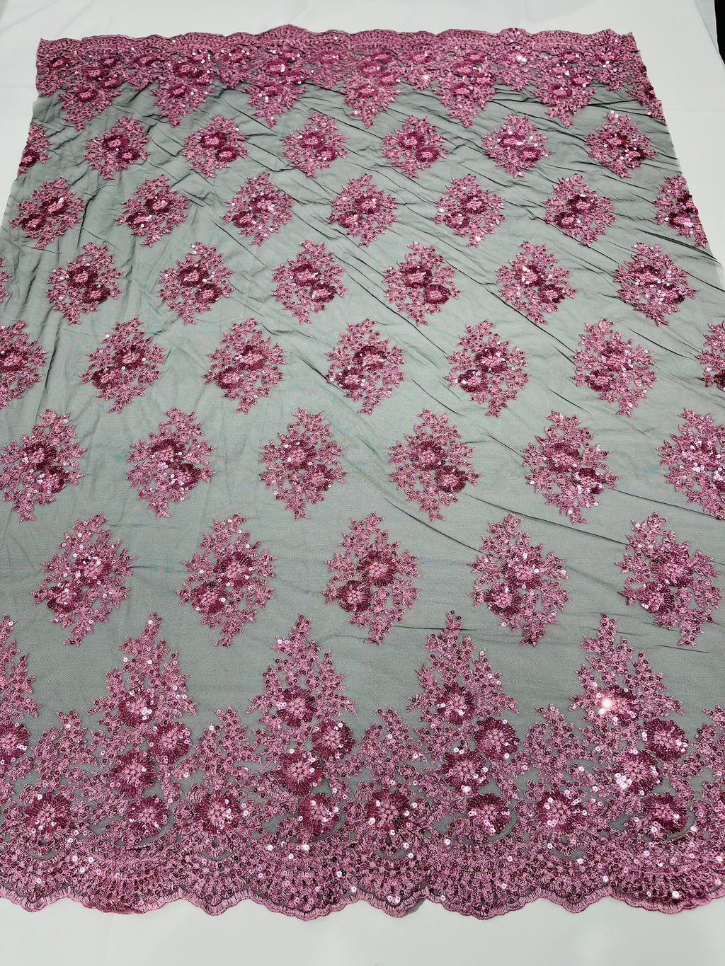 Floral Lace Fabric - Pink on Black Mesh - Flower Cluster Embroidery Design With Sequins on a Mesh