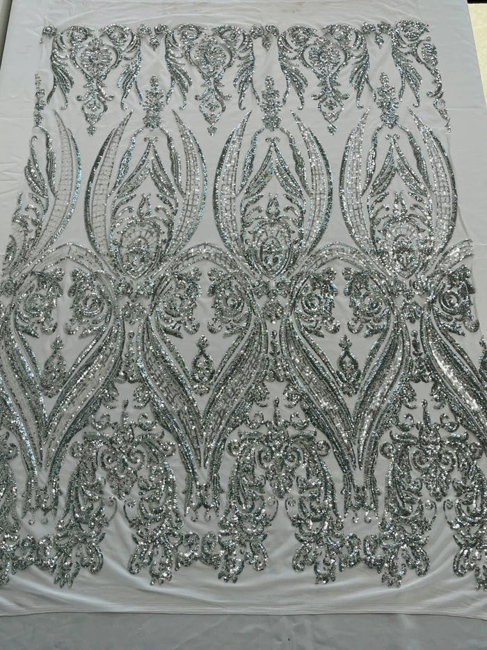 Damask Sequins Fabric - 4 Way Stretch Big Damask Sequins Fabric - Pick Color - 25 Yard Roll