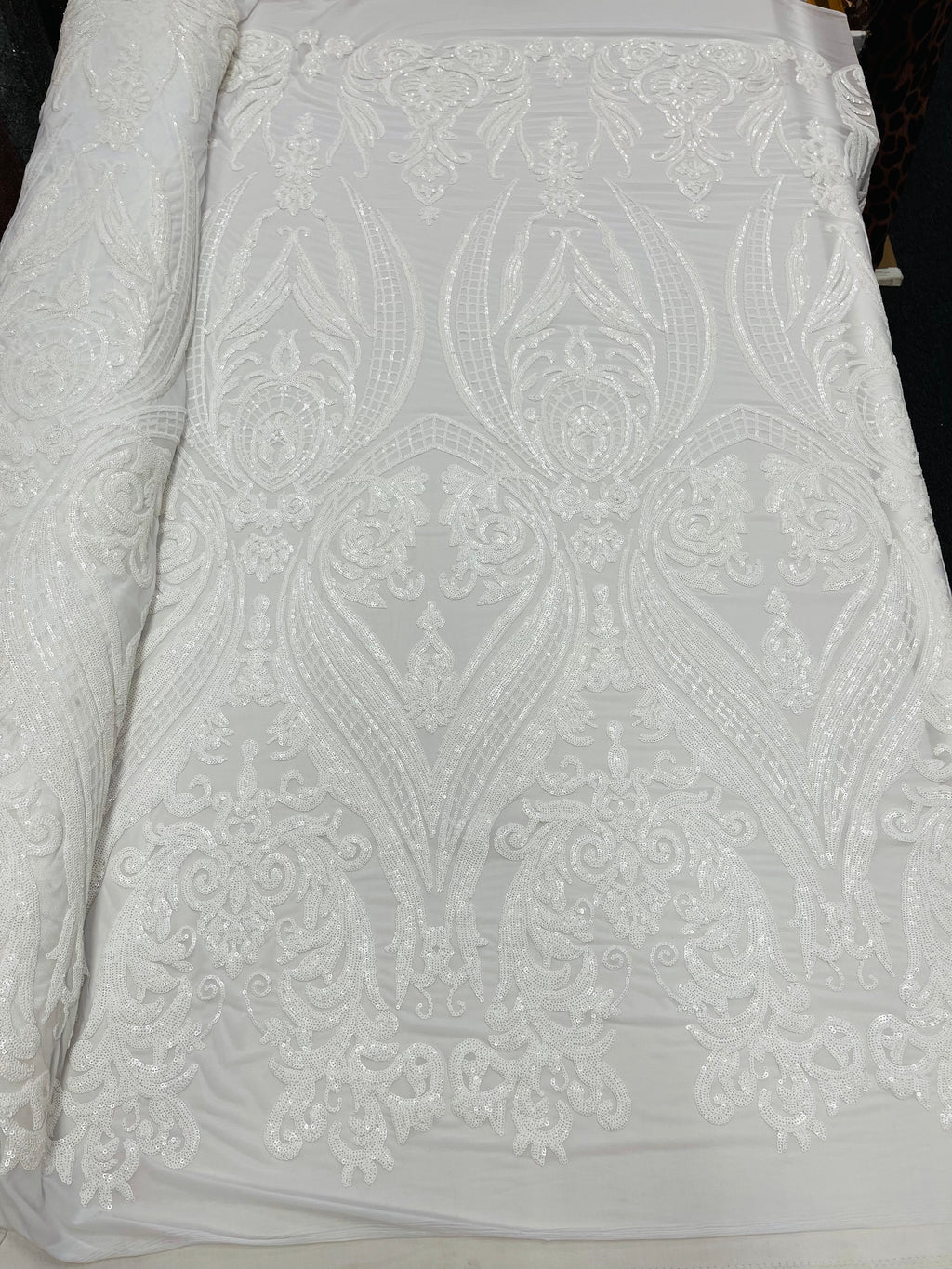 White Sequins Fabric, 4 Way Stretch Embroidery With Sequin On a Mesh By The Yard