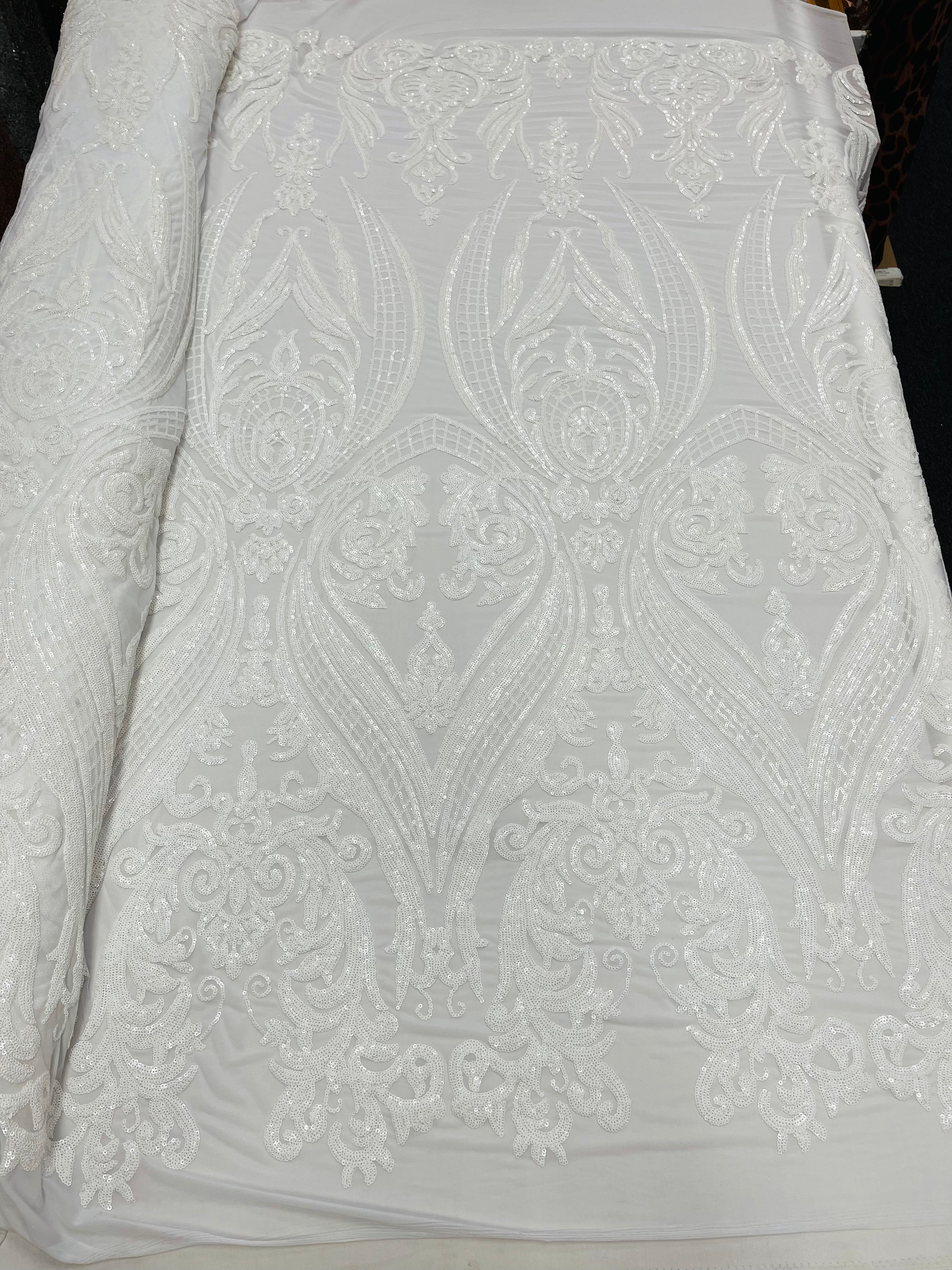 White Sequins Fabric, 4 Way Stretch Embroidery With Sequin On a Mesh By The Yard