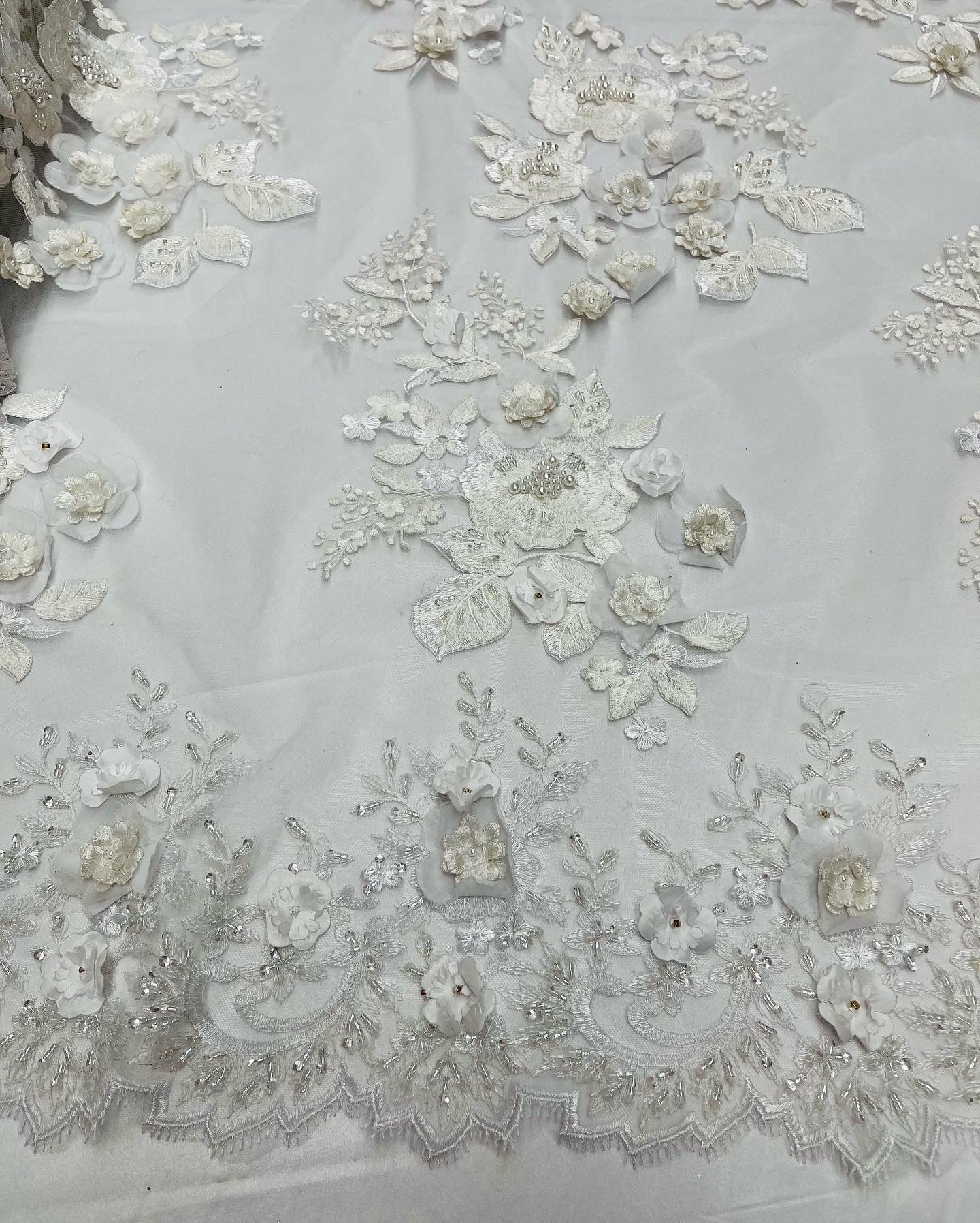 Of White Flower 3D Fabric - by the Yard - Embroided Fabric Flower Pearls and Beaded Fabric