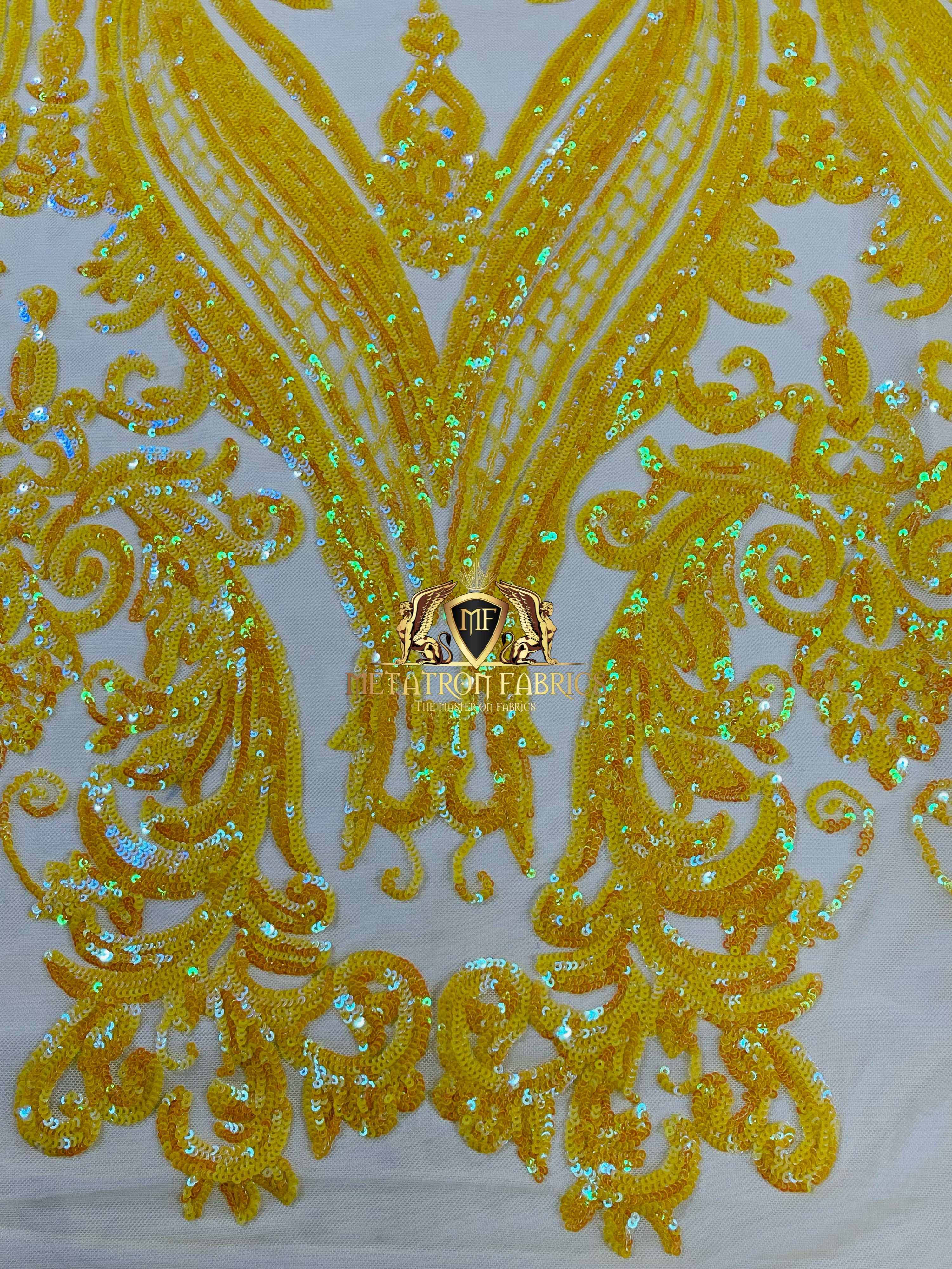 Big Damask Sequins Fabric - Yellow - 4 Way Stretch Damask Sequins Design Fabric By Yard