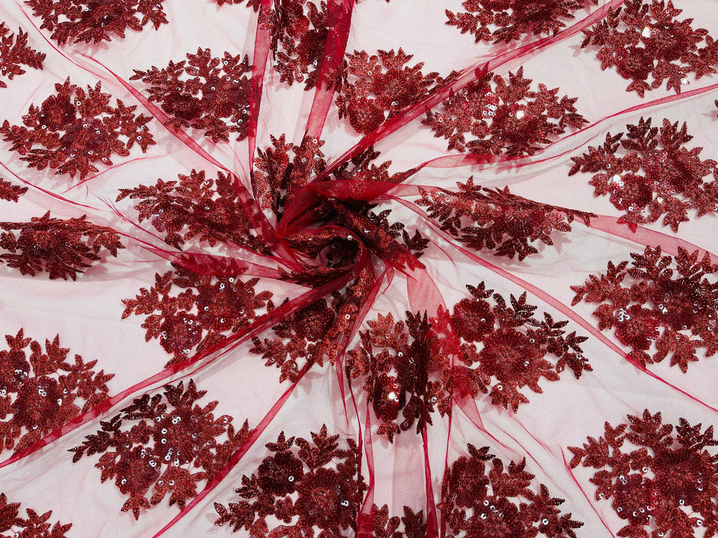 Floral Lace Fabric - Burgundy - Flower Cluster Embroidery Design With Sequins on a Mesh