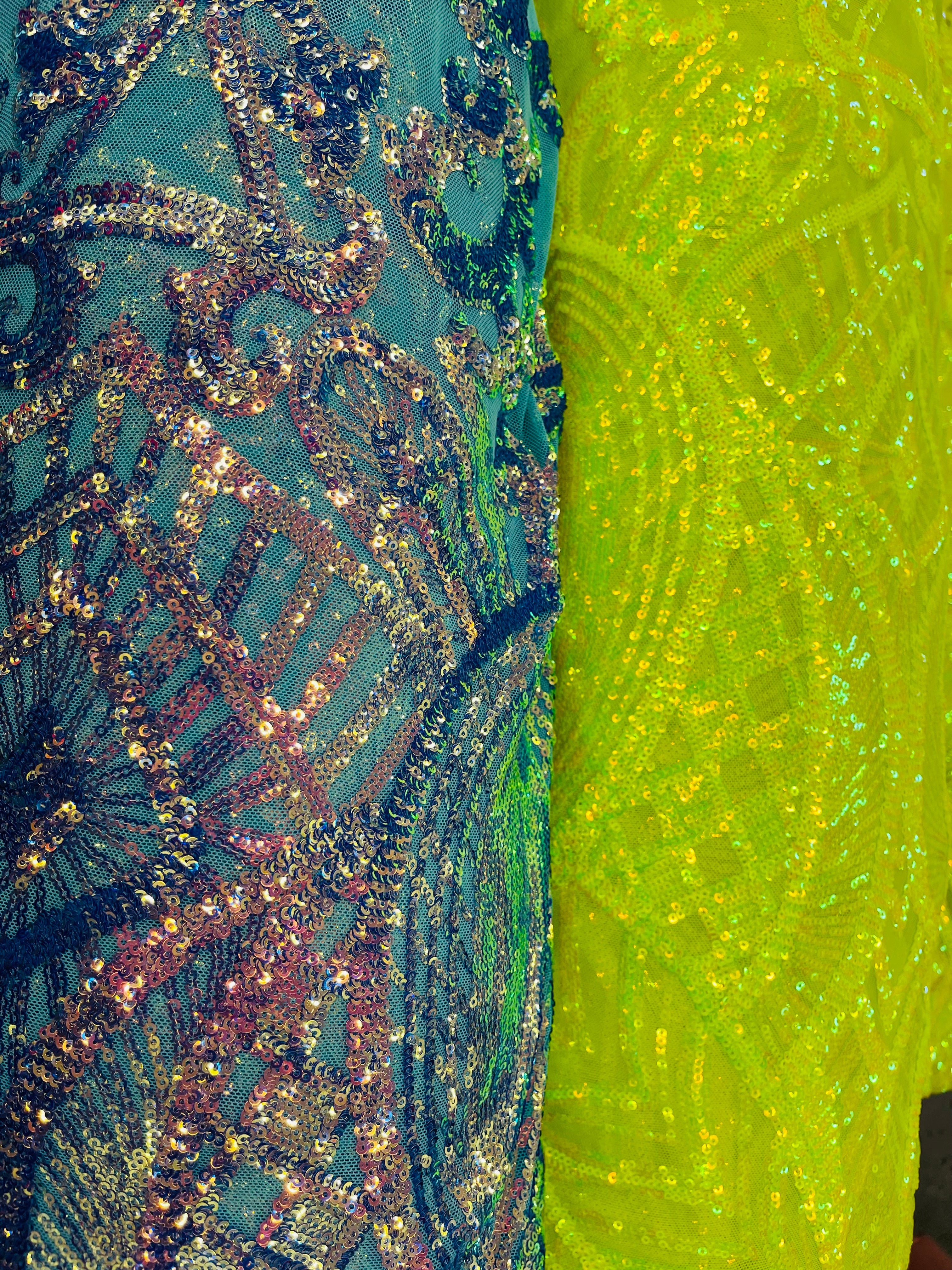 Neon Yellow Sequin - 4 Way Stretch Embroidered Royalty Sequins Design Fabric By Yard