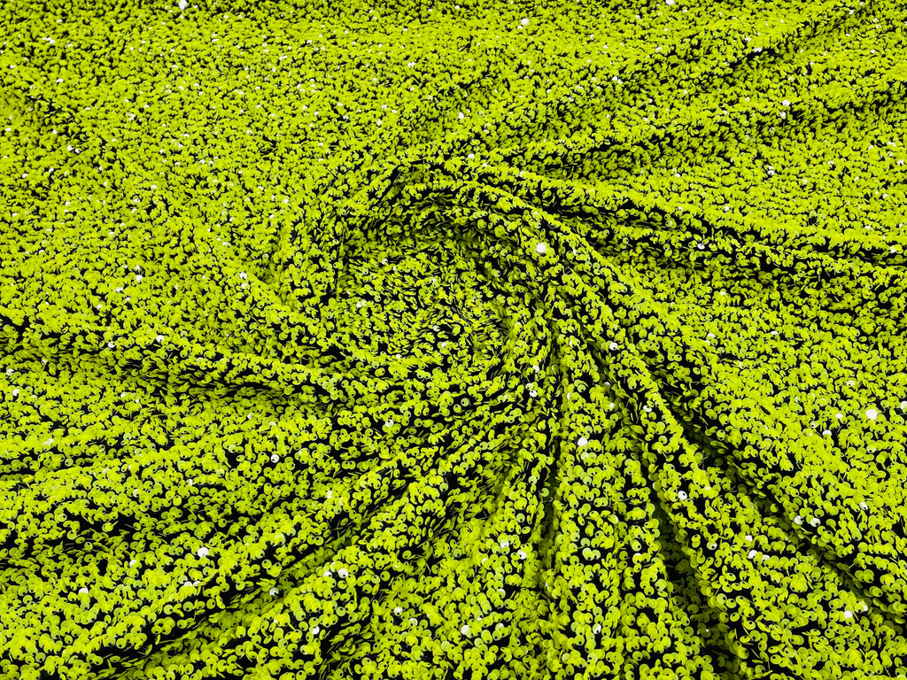 Lime Green Sequin Fabric on Black Stretch Velvet - by the yard - Sequins 2 Way Stretch  58/60”