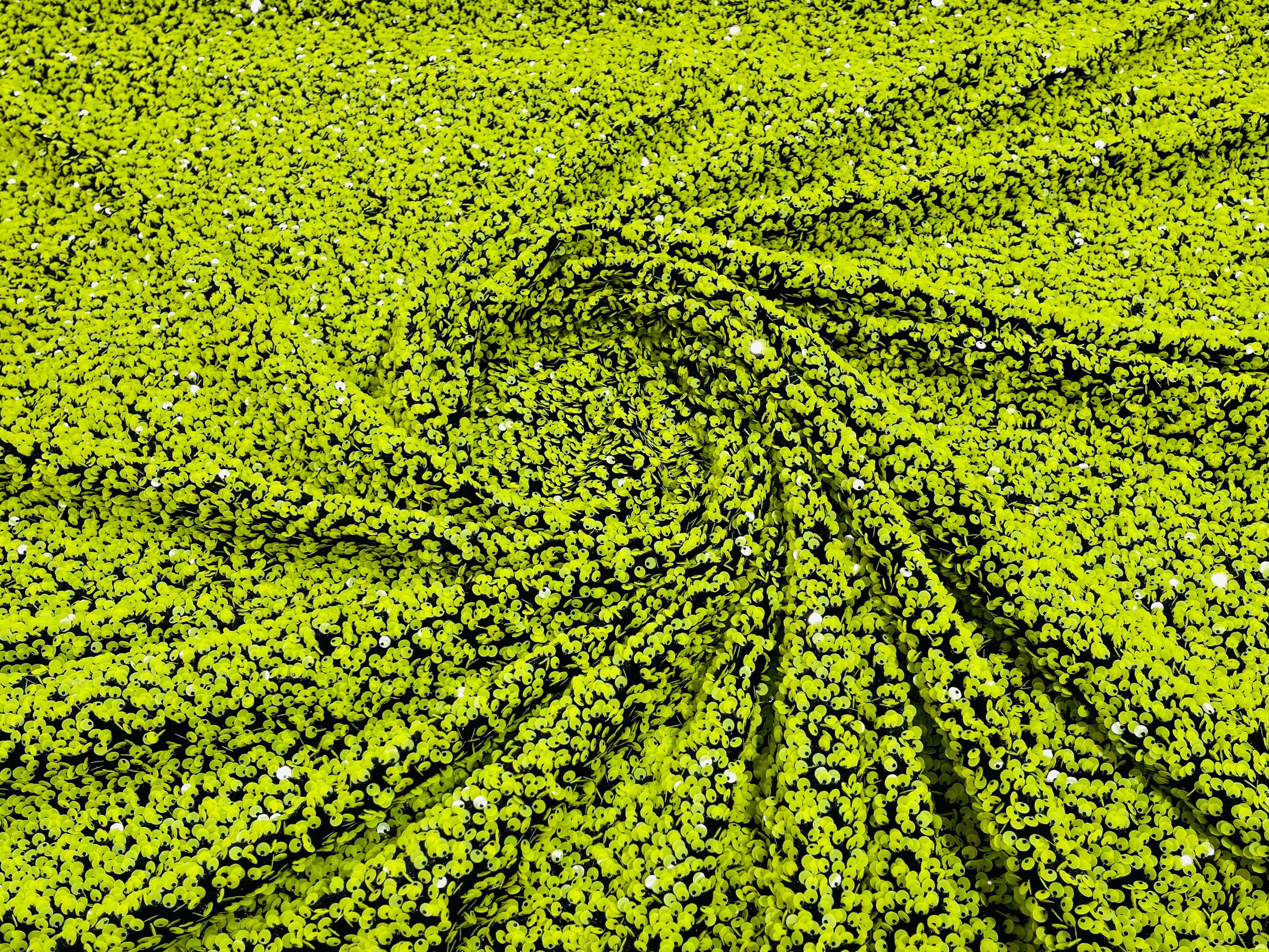 Lime Green Sequin Fabric on Black Stretch Velvet - by the yard - Sequins 2 Way Stretch  58/60”