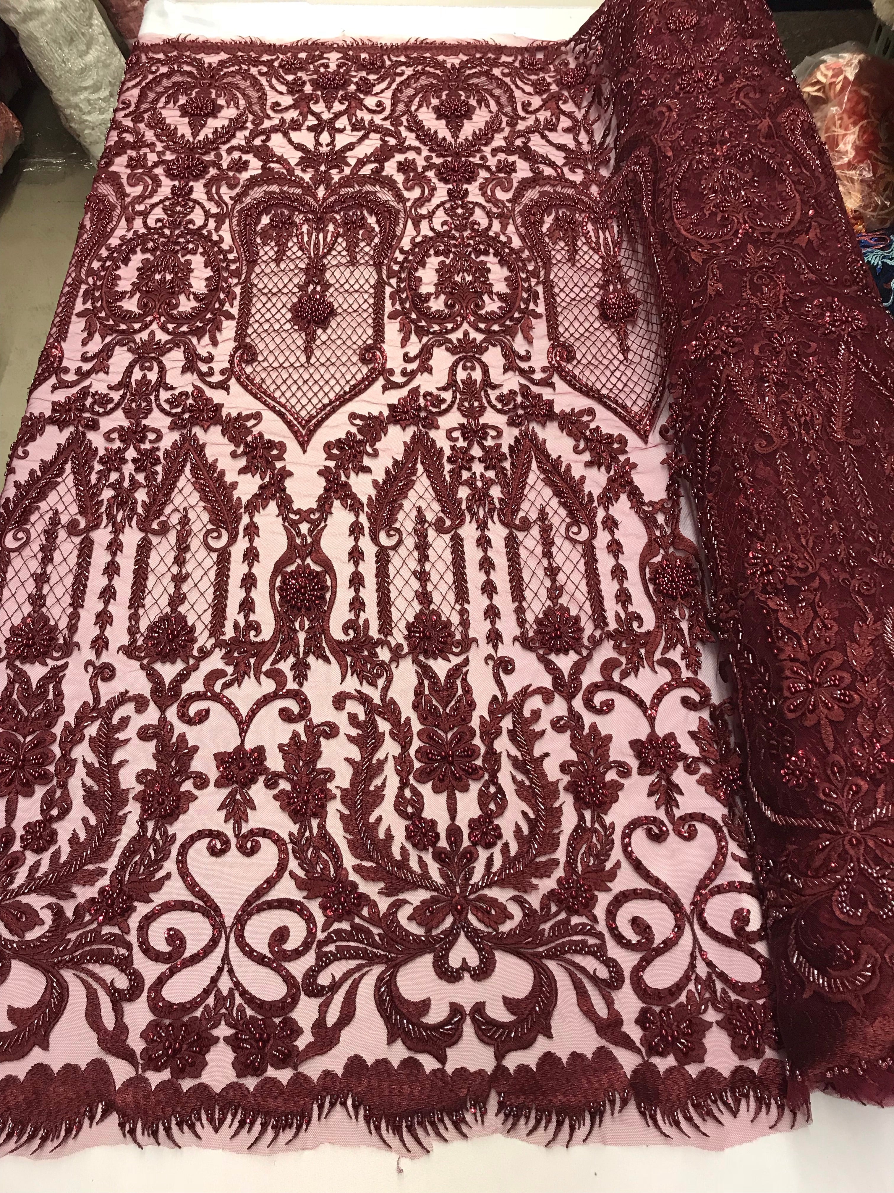 Burgundy Beaded Fabric Embroidered On A Mesh Lace Fancy Dress Fabric Sold By The Yard