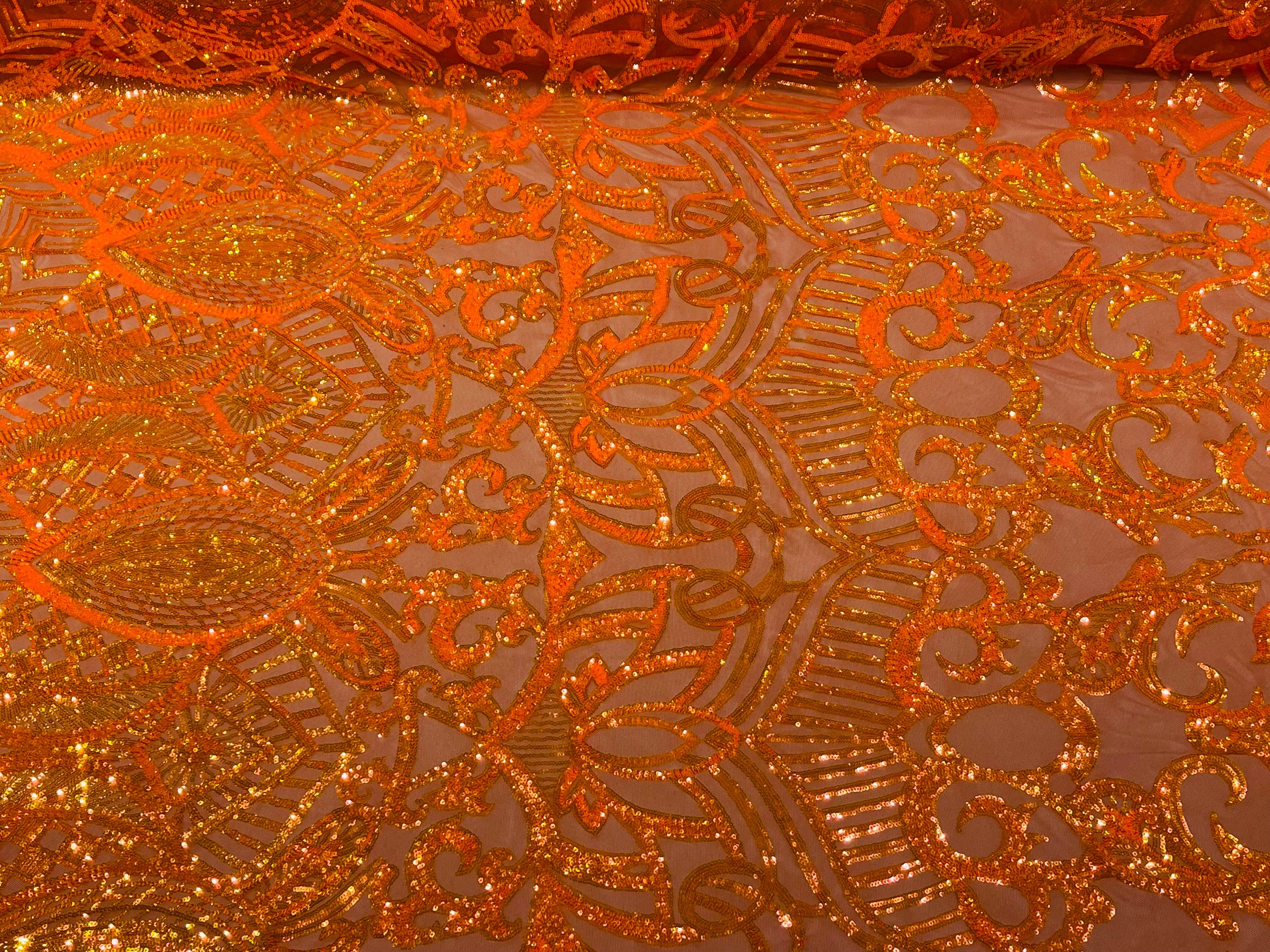 Orange Iridescent  - 4 Way Stretch Embroidered Royalty Sequins Design Fabric By Yard