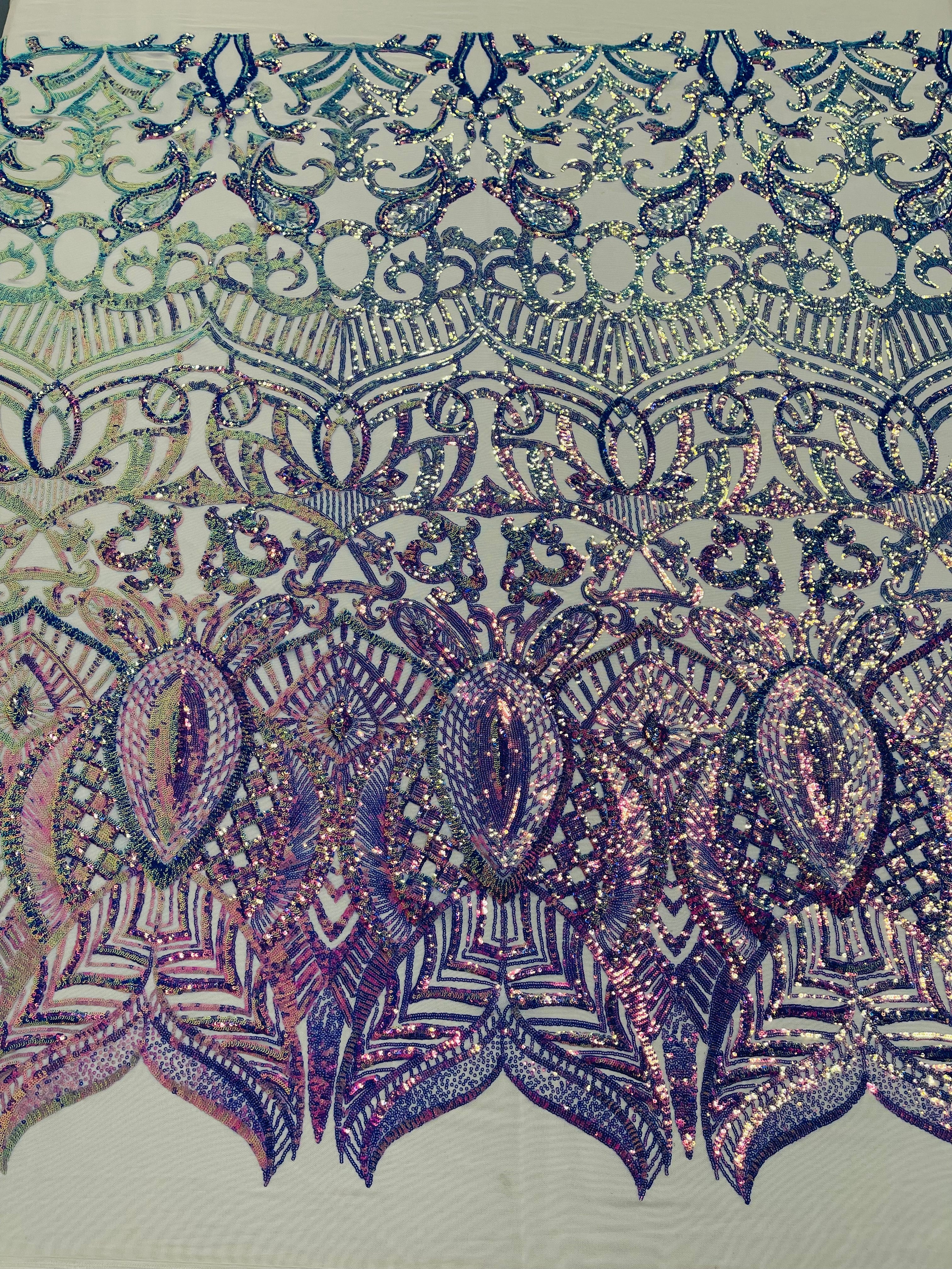 Lavender Iridescent - 4 Way Stretch Embroidered Royalty Sequins Design Fabric By Yard