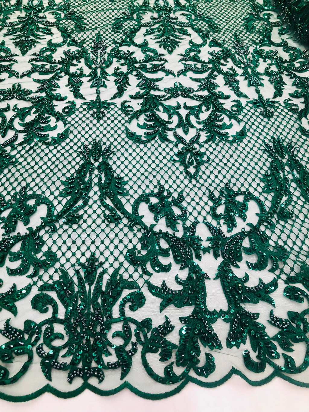 Hunter Green Beaded Fabric - Hand Embroidery Lace Bridal Floral Mesh Dress Fabric By Yard