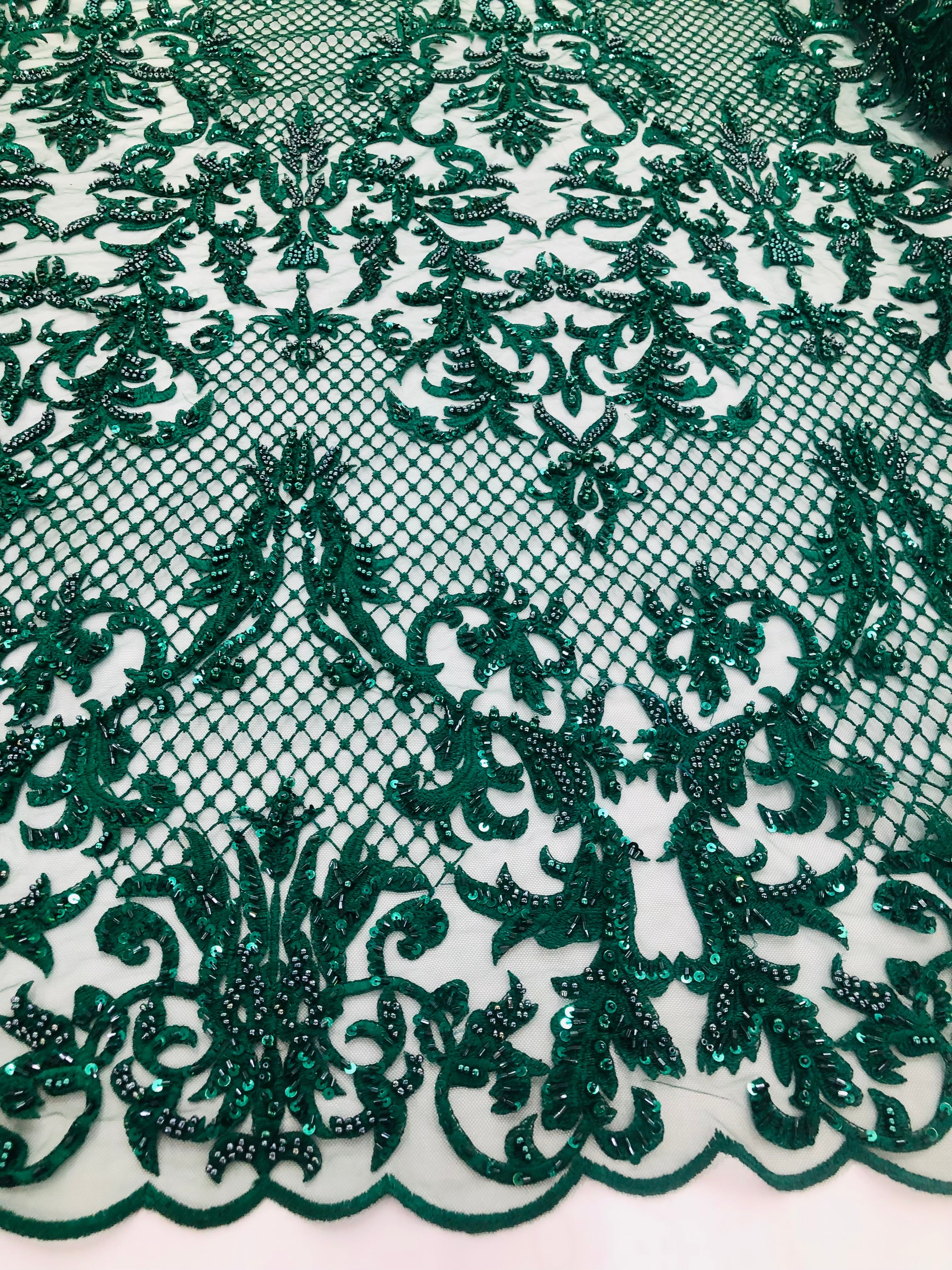 Hunter Green Beaded Fabric - Hand Embroidery Lace Bridal Floral Mesh Dress Fabric By Yard