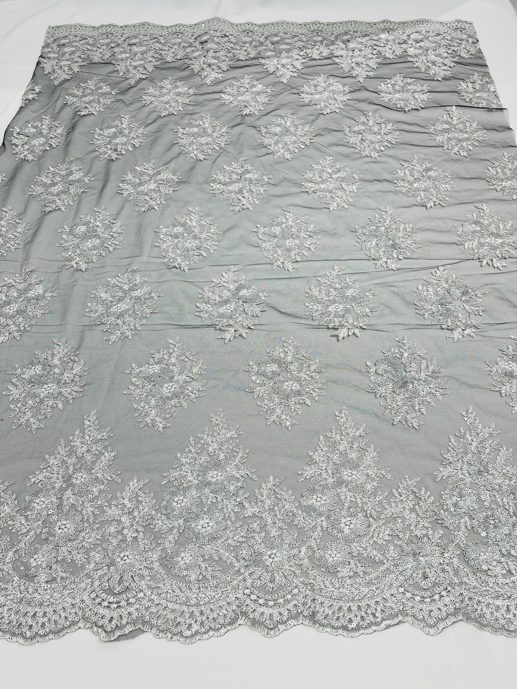 Floral Lace Fabric - Silver on Black Mesh - Flower Cluster Embroidery Design With Sequins on a Mesh