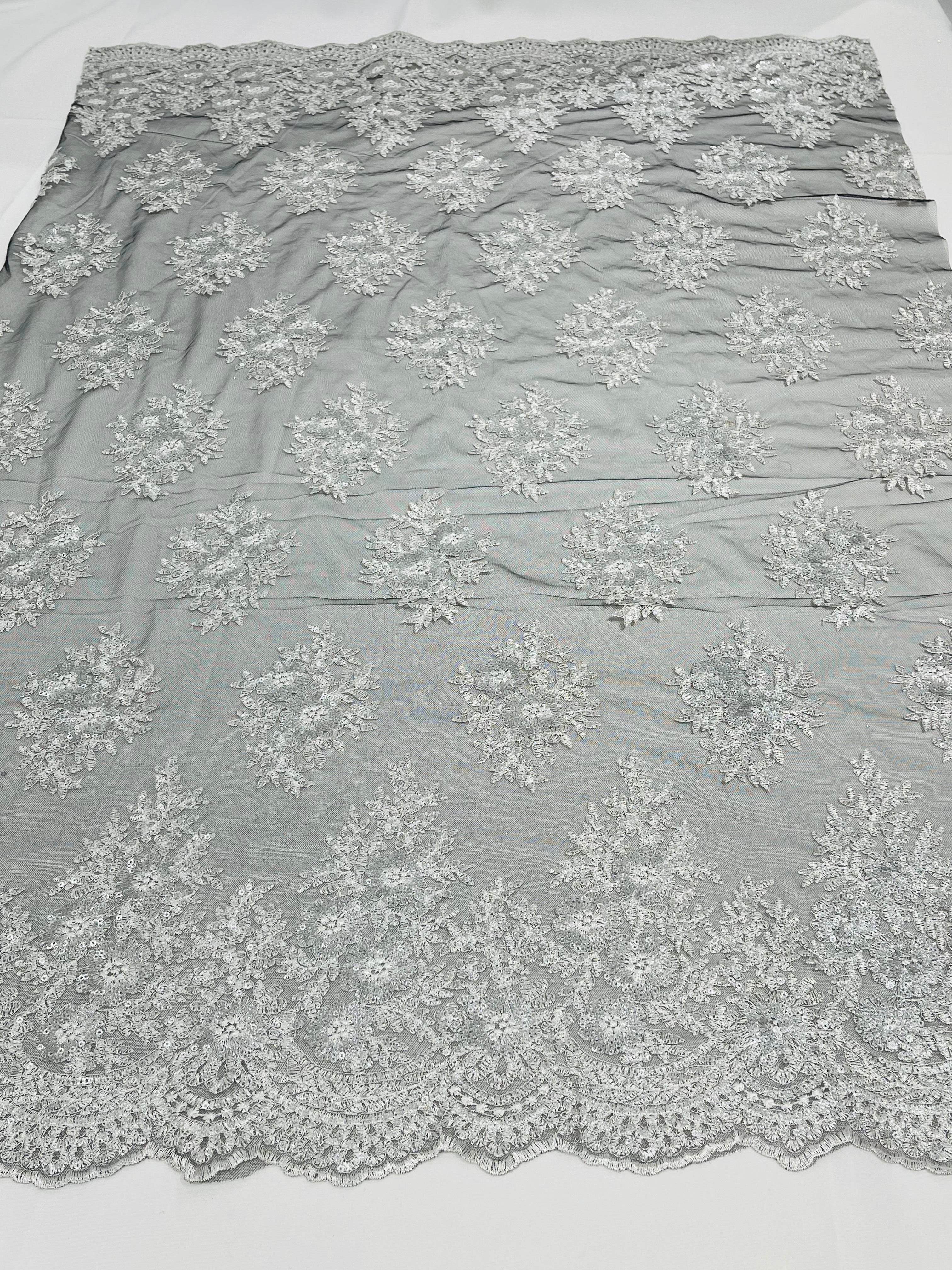 Floral Lace Fabric - Silver on Black Mesh - Flower Cluster Embroidery Design With Sequins on a Mesh