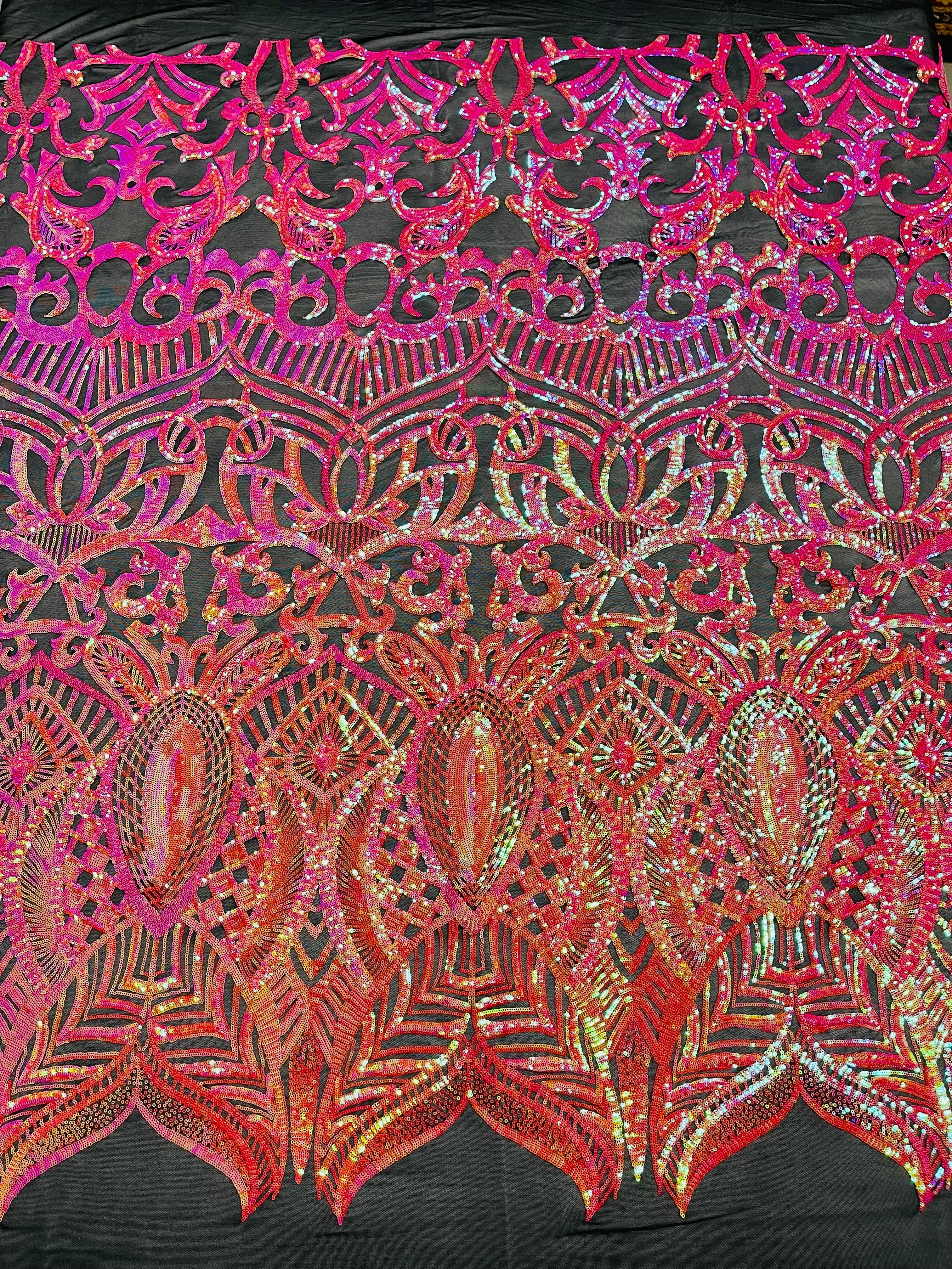 Orange/Fuchsia Iridescent - 4 Way Stretch Embroidered Royalty Sequins Design Fabric By Yard