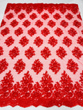 Floral Lace Fabric - Red - Flower Cluster Embroidery Design With Sequins on a Mesh