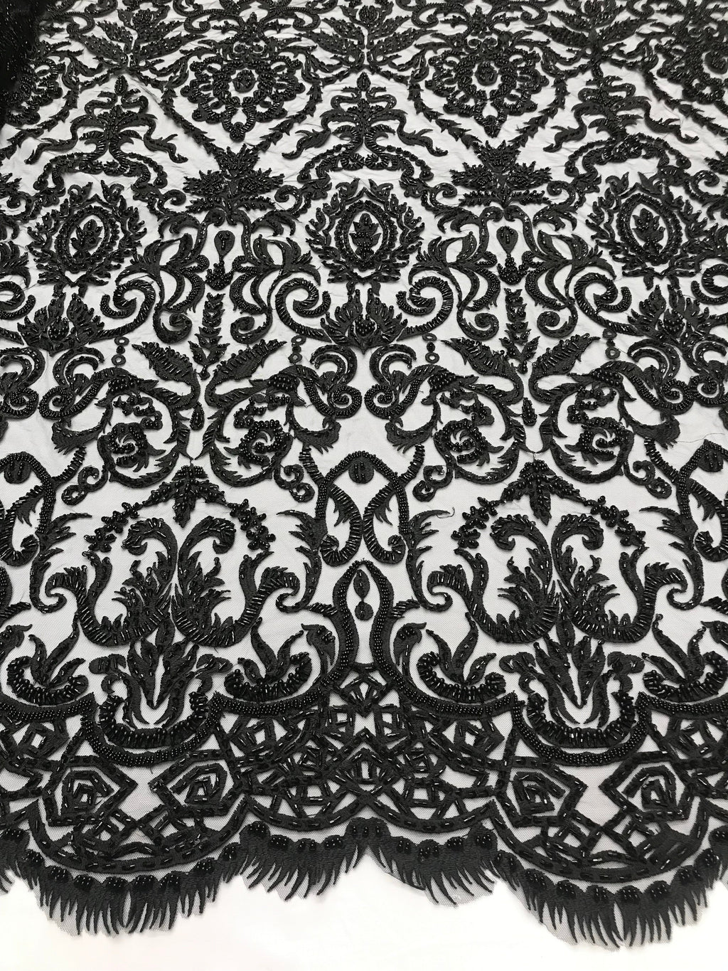 Bridal Lace Hand Beaded Embroidered Floral Fabric - by the yard - Wedding Beaded Fabric