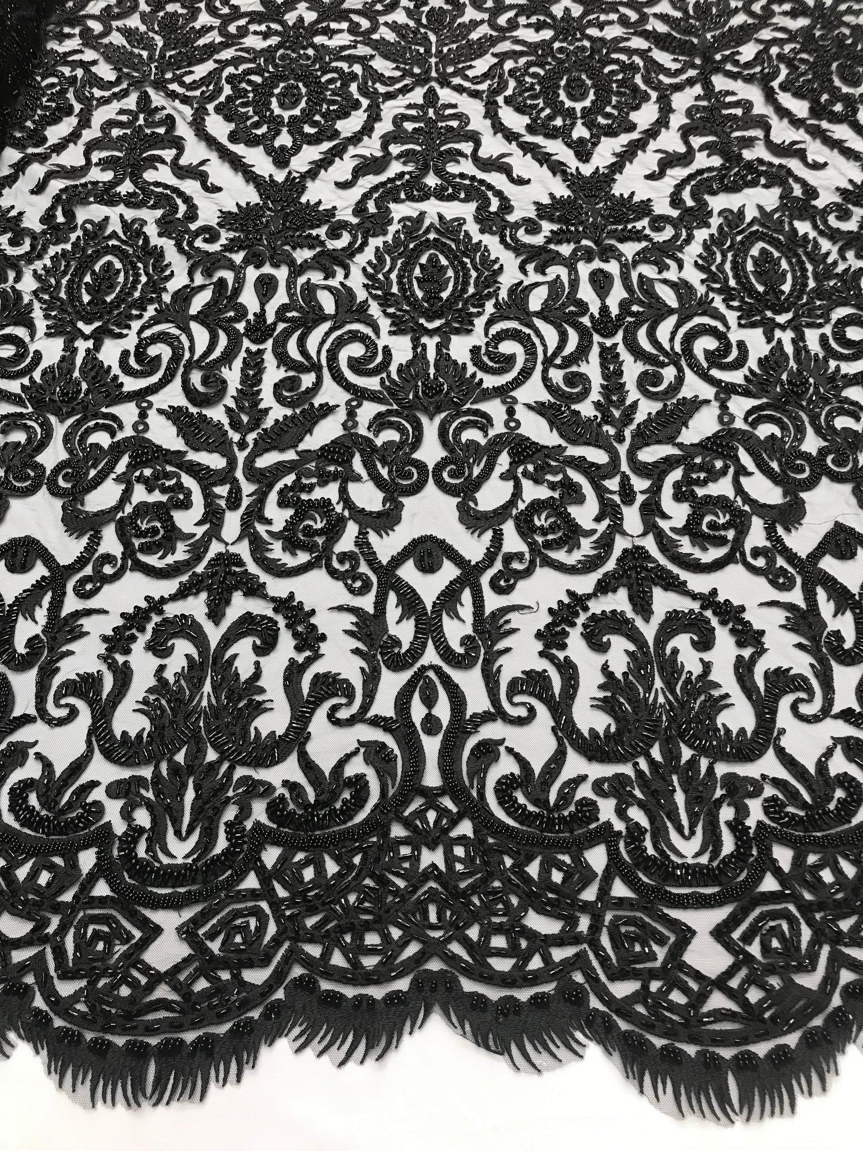 Bridal Lace Hand Beaded Embroidered Floral Fabric - by the yard - Wedding Beaded Fabric