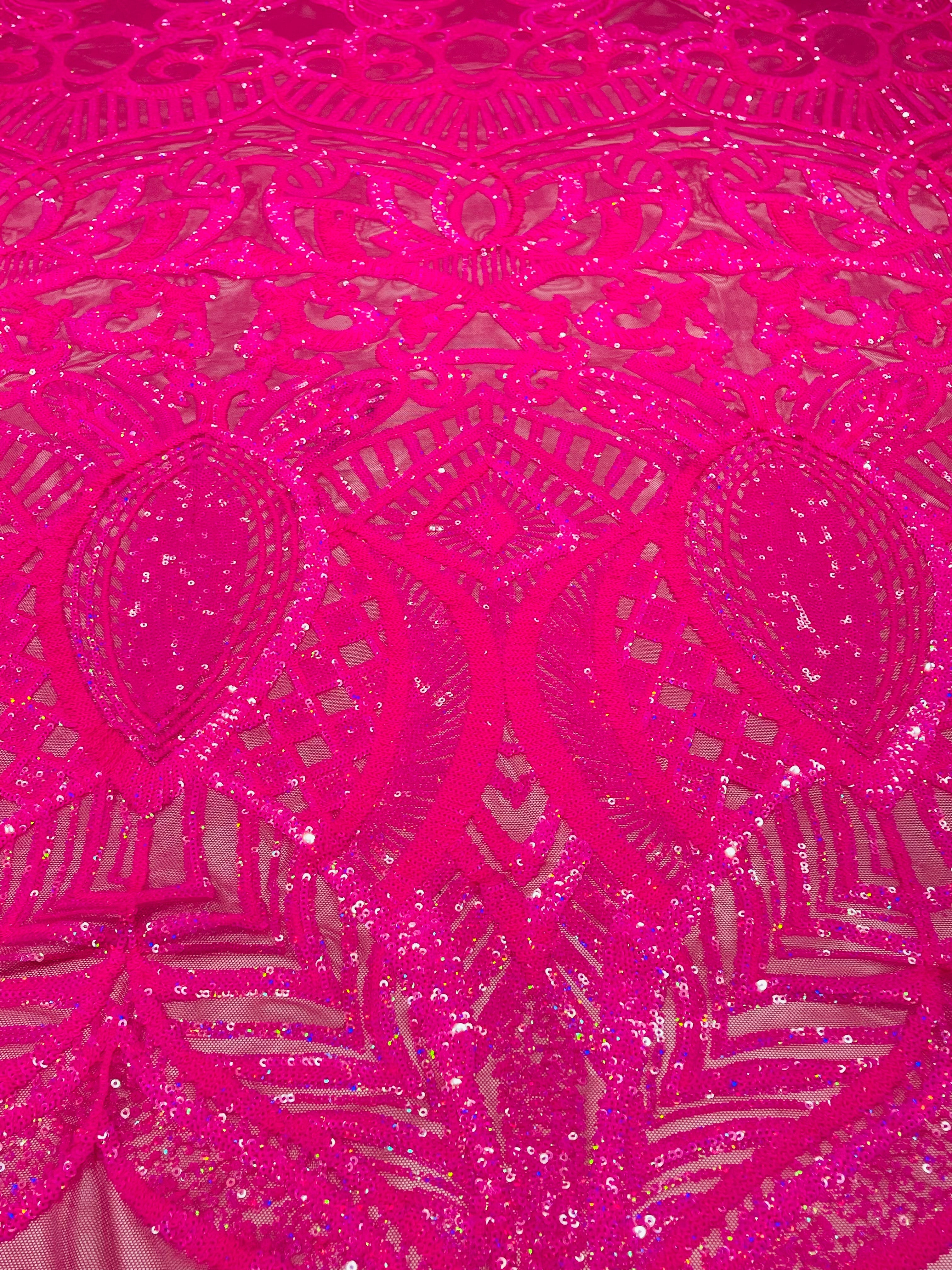 Hot Pink Iridescent Sequin - 4 Way Stretch Embroidered Royalty Sequins Design Fabric By Yard
