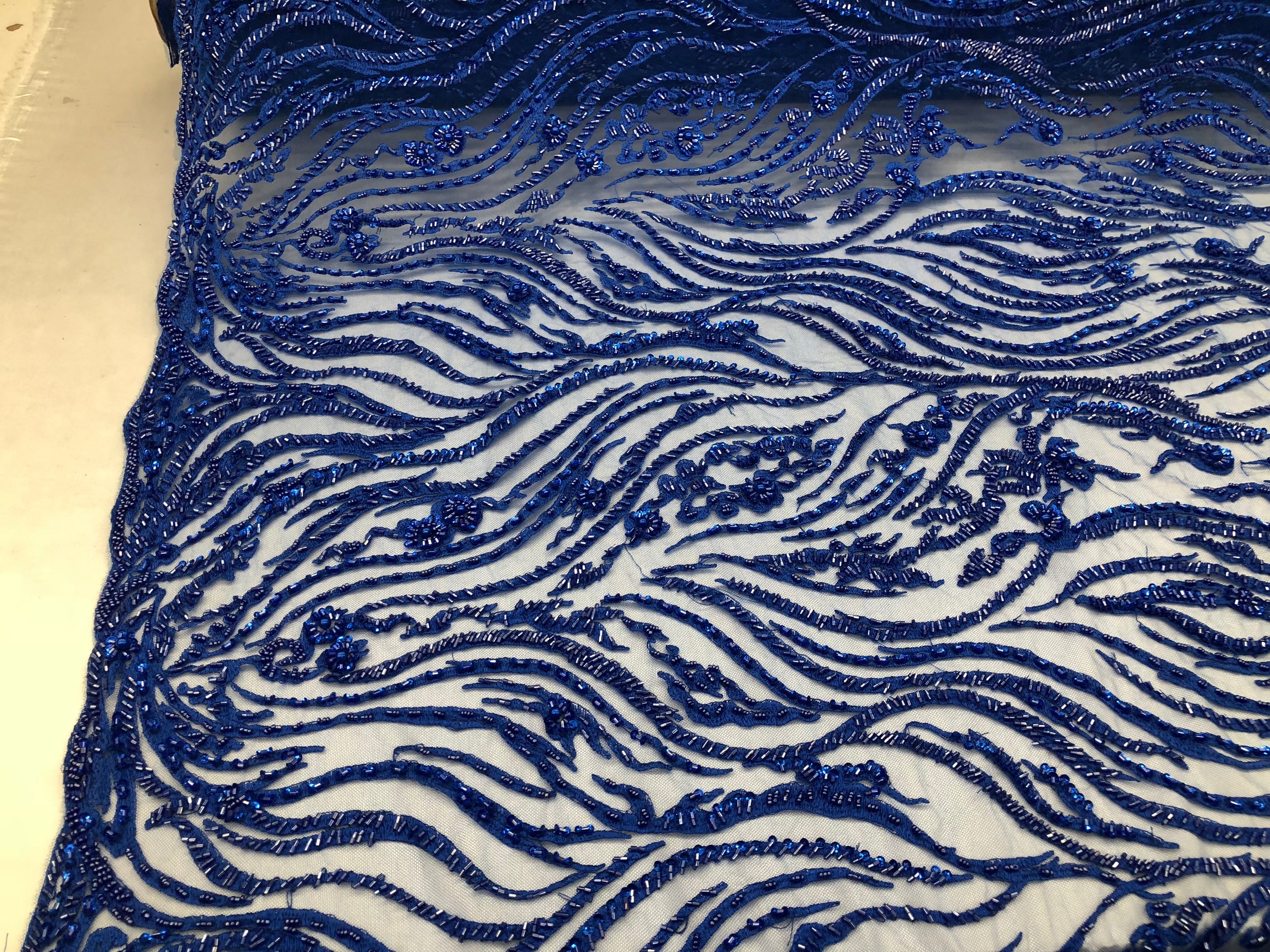 Beaded Lace Fabric - Royal Blue -  Embroidery on Mesh For Bridal Wedding Fancy Dress