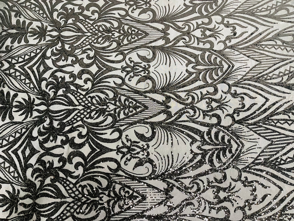 Black Sequin Fabric - by the yard - On Mesh 4 Way Stretch, Damask Design Sequins