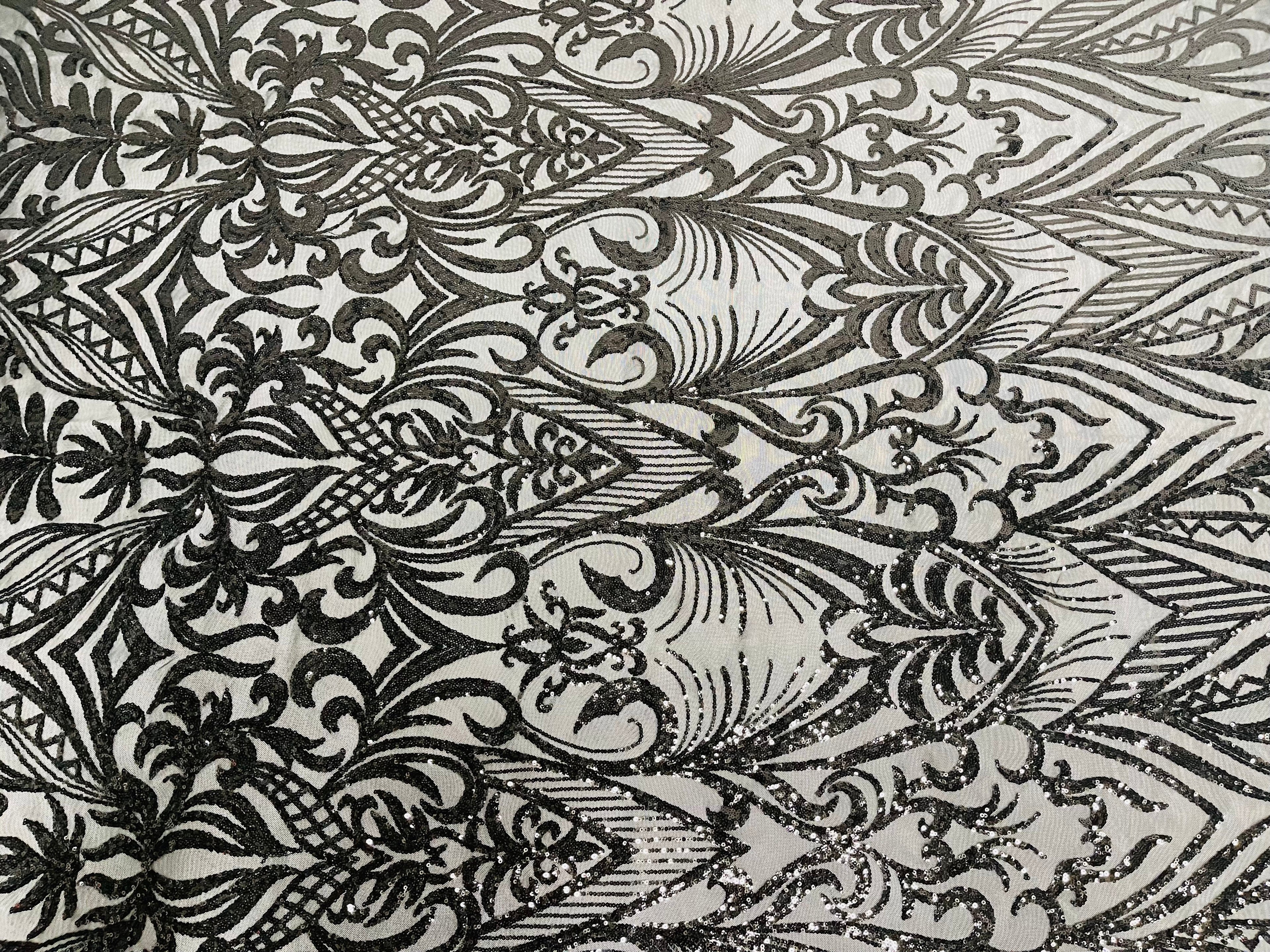 Black Sequin Fabric - by the yard - On Mesh 4 Way Stretch, Damask Design Sequins
