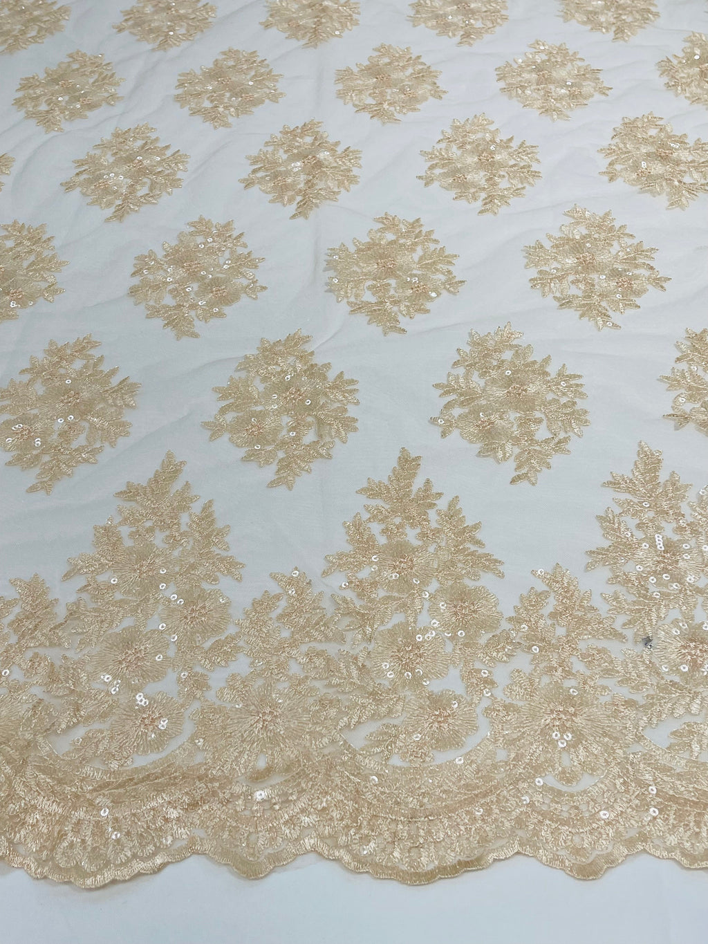 Floral Lace Fabric - Peach - Flower Cluster Embroidery Design With Sequins on a Mesh