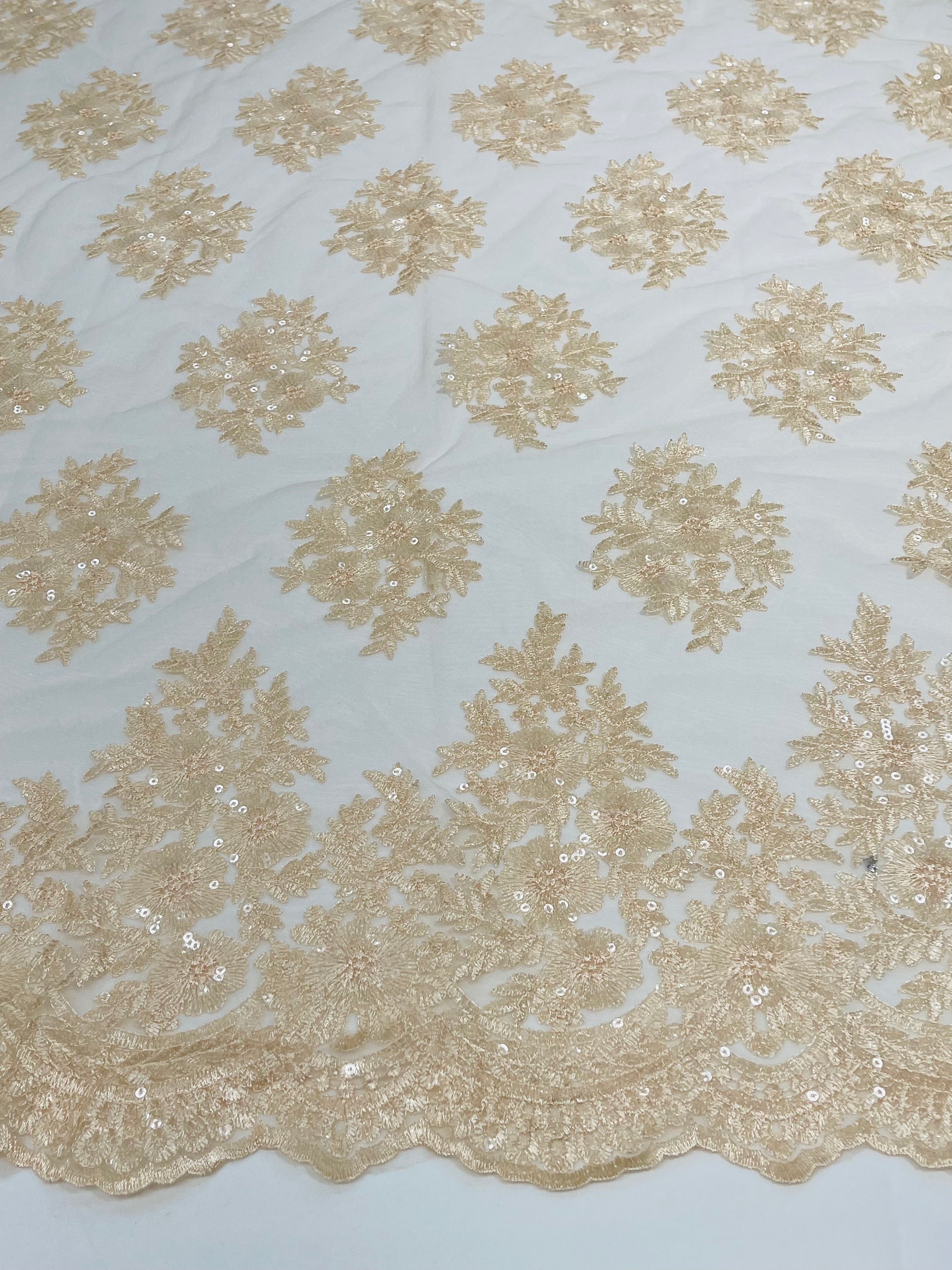 Floral Lace Fabric - Peach - Flower Cluster Embroidery Design With Sequins on a Mesh