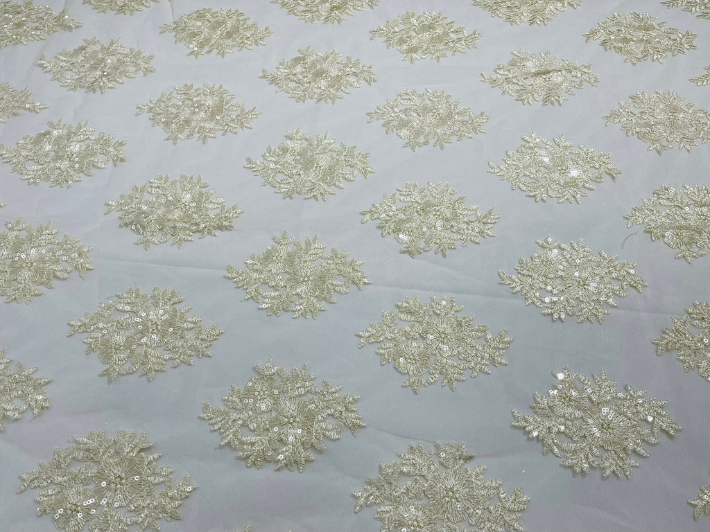 Floral Lace Fabric - Ivory/Cream - Flower Cluster Embroidery Design With Sequins on a Mesh