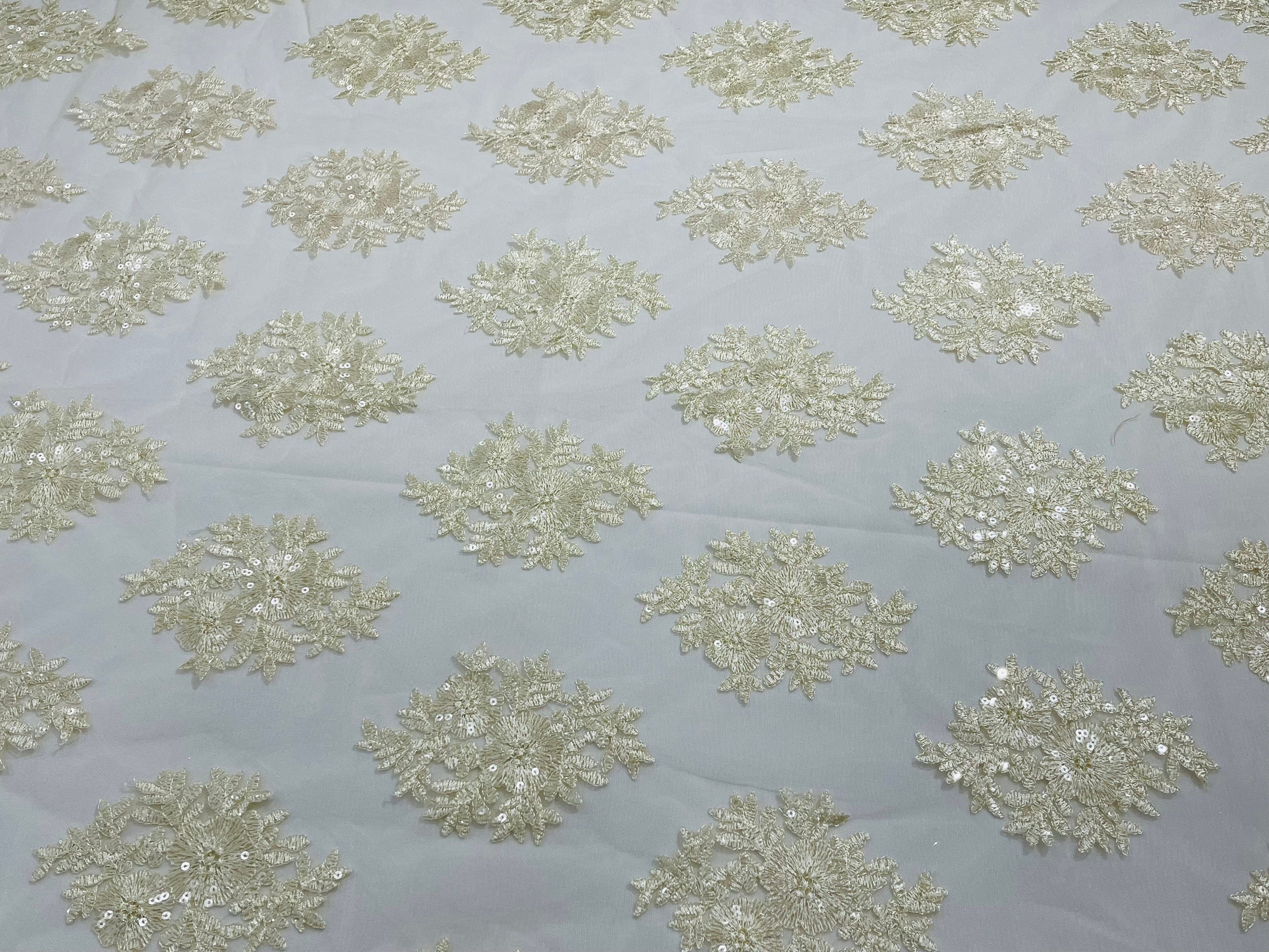 Floral Lace Fabric - Ivory/Cream - Flower Cluster Embroidery Design With Sequins on a Mesh