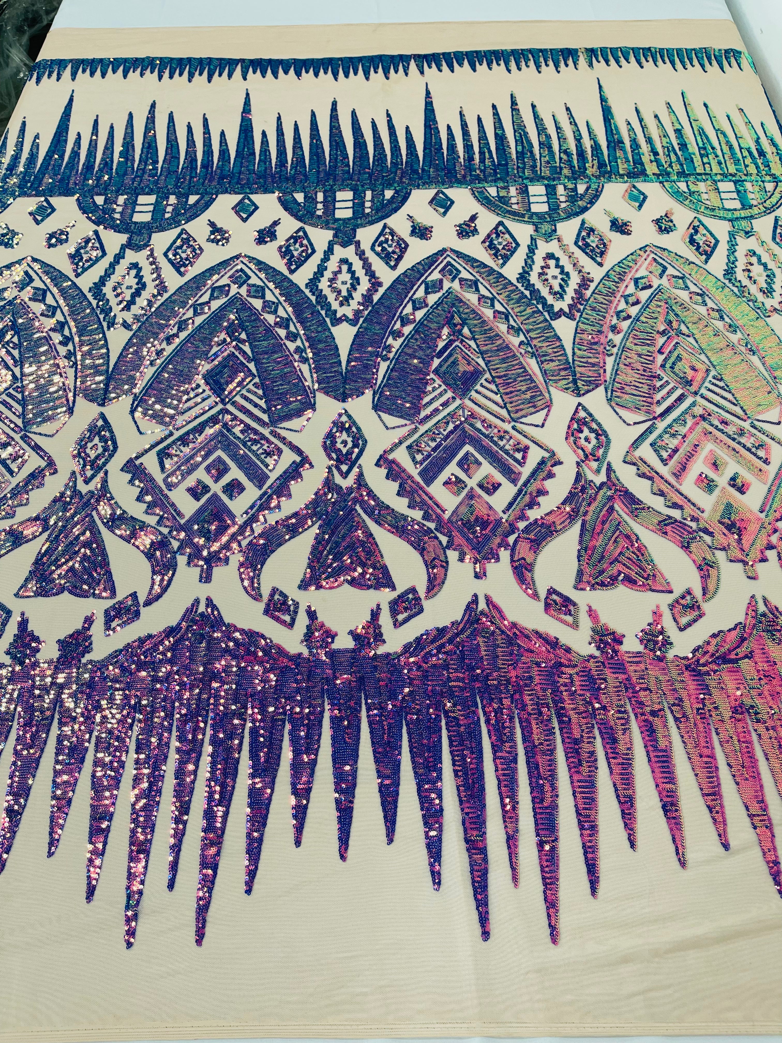 Lavender/Purple Iridescent Sequin Fabric, by the yard - Nude Mesh 4 Way Stretch Aztec Design