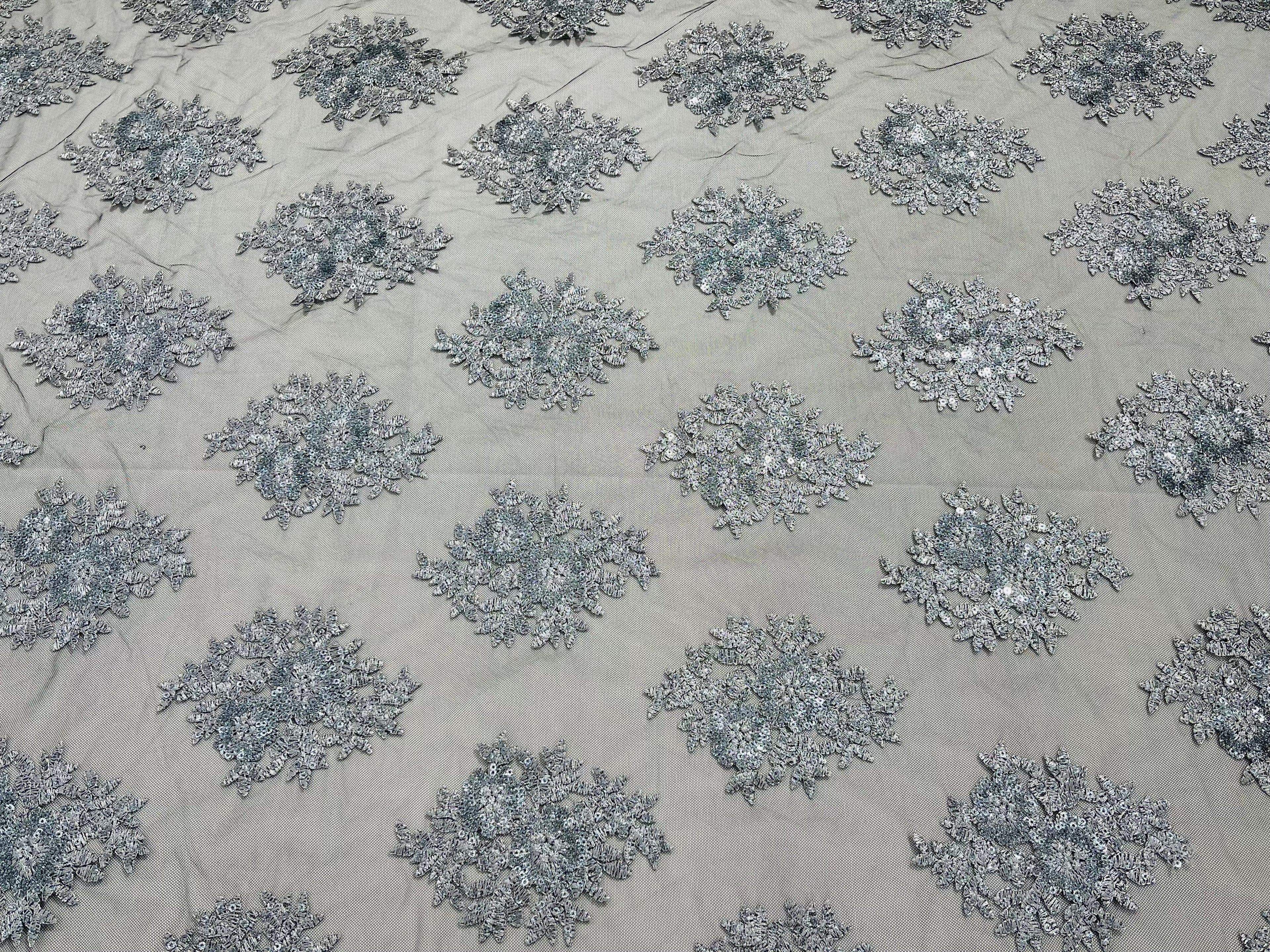Floral Lace Fabric - Gray on Black Mesh - Flower Cluster Embroidery Design With Sequins on a Mesh
