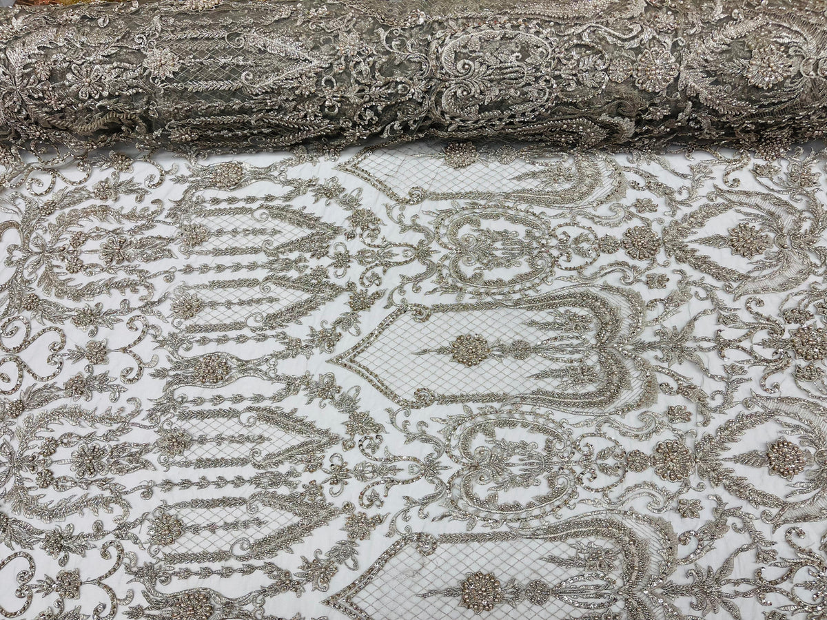 Silver Beaded Damask Fabric - by the yard - Embroidered with Beads and Sequins on Mesh Fabric