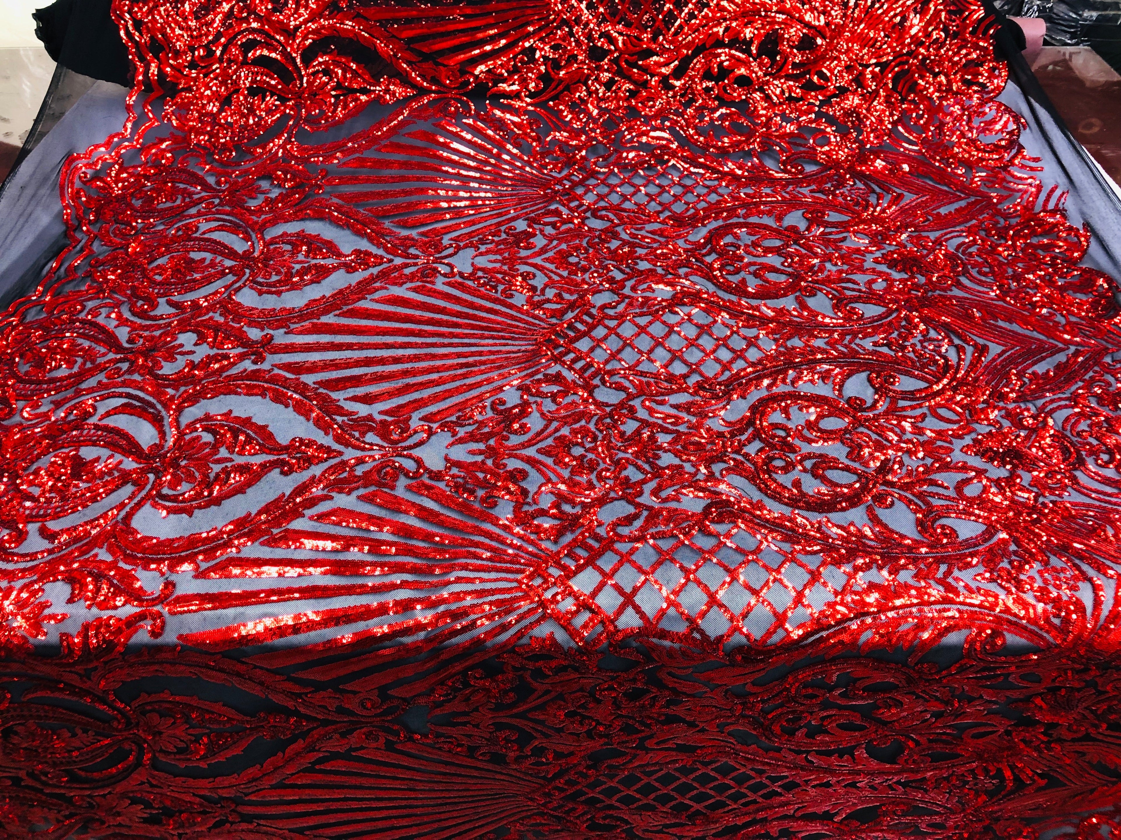 Red Sequins On Black Mesh 4 Way Stretch Damask Design Fabric On Stretch Mesh By The Yard
