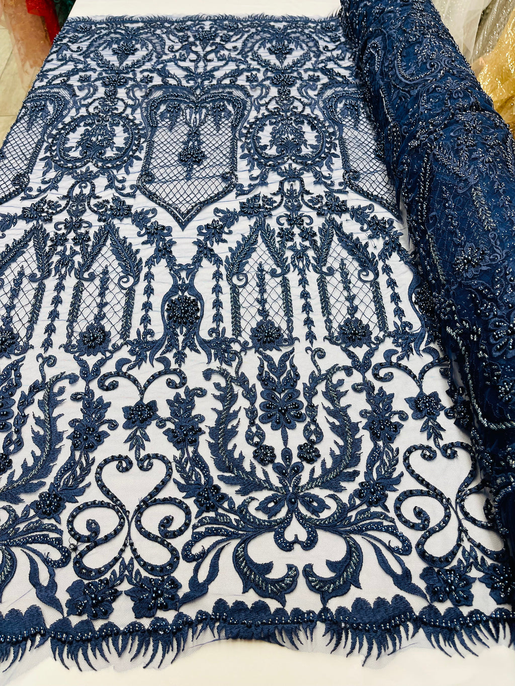 Navy Beaded Damask Fabric - by the yard - Embroidered with Beads and Sequins on Mesh Fabric