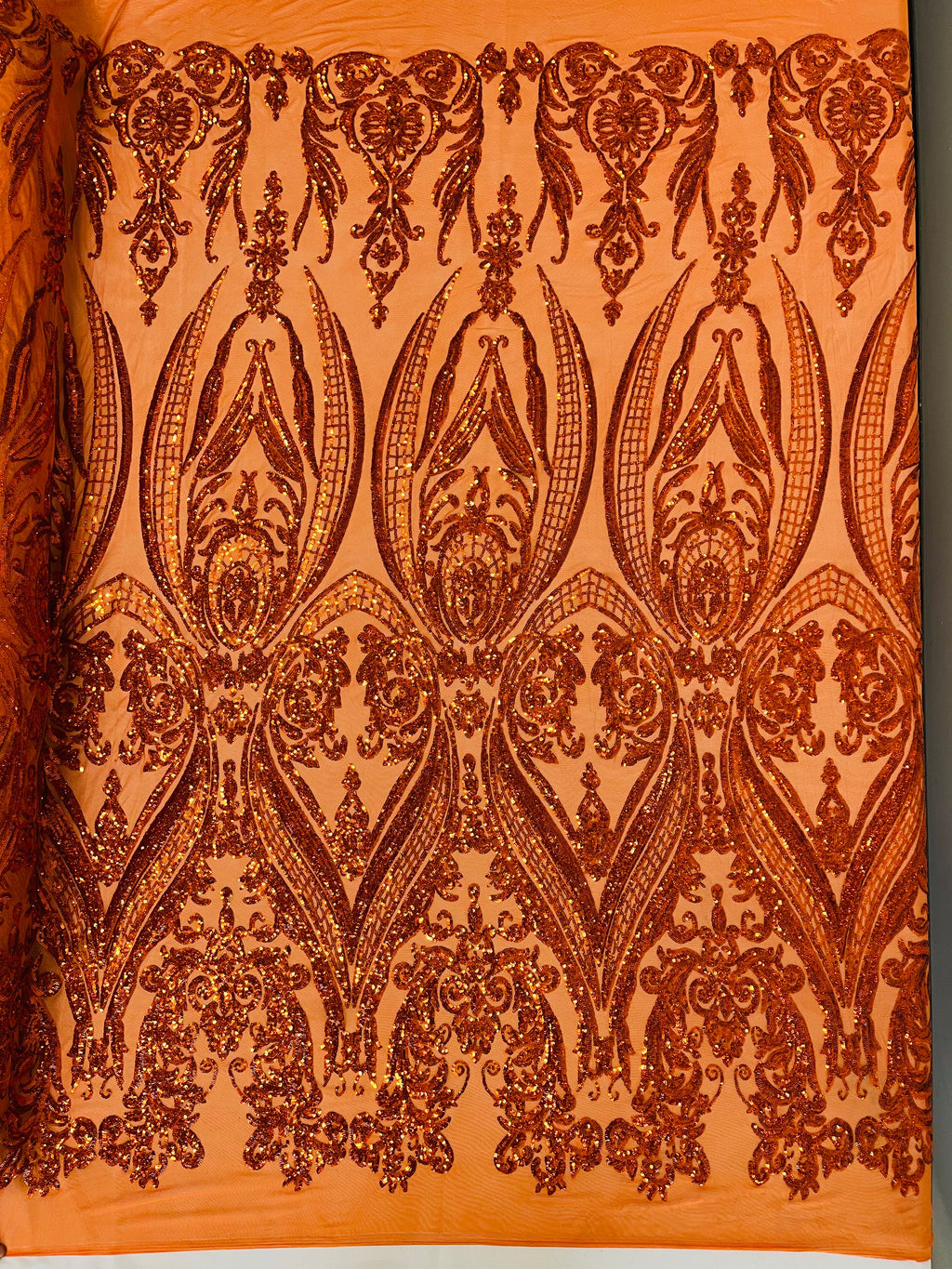 Big Damask Sequins Fabric - Burnt Orange - 4 Way Stretch Damask Sequins Design Fabric By Yard