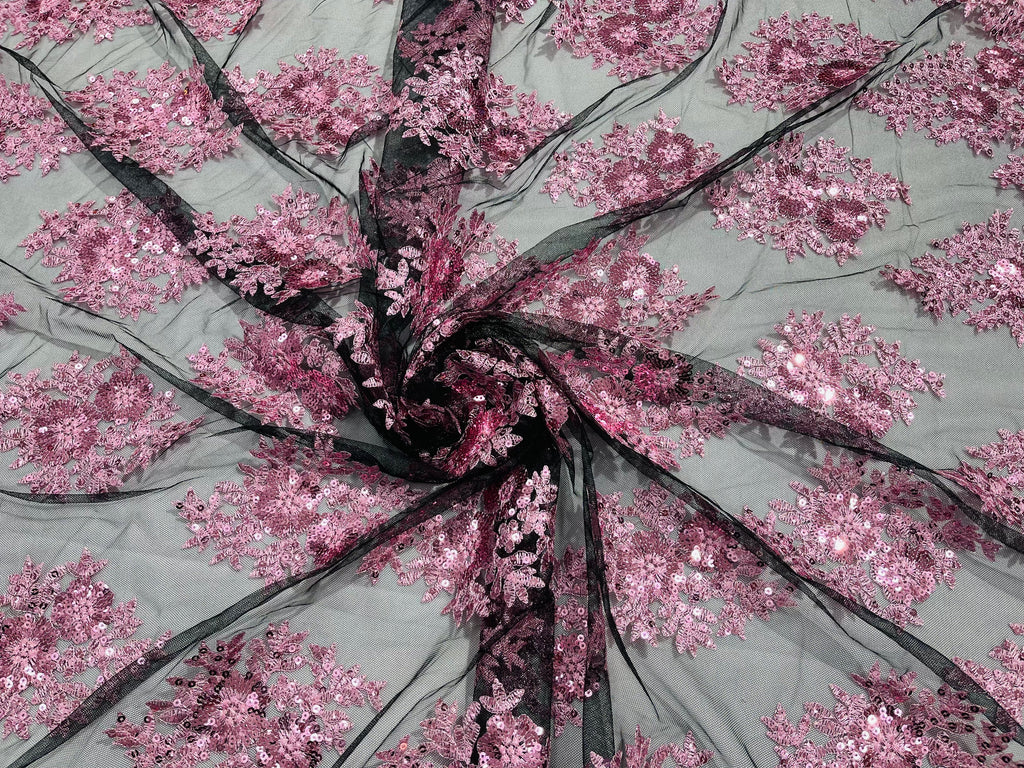 Floral Lace Fabric - Pink on Black Mesh - Flower Cluster Embroidery Design With Sequins on a Mesh