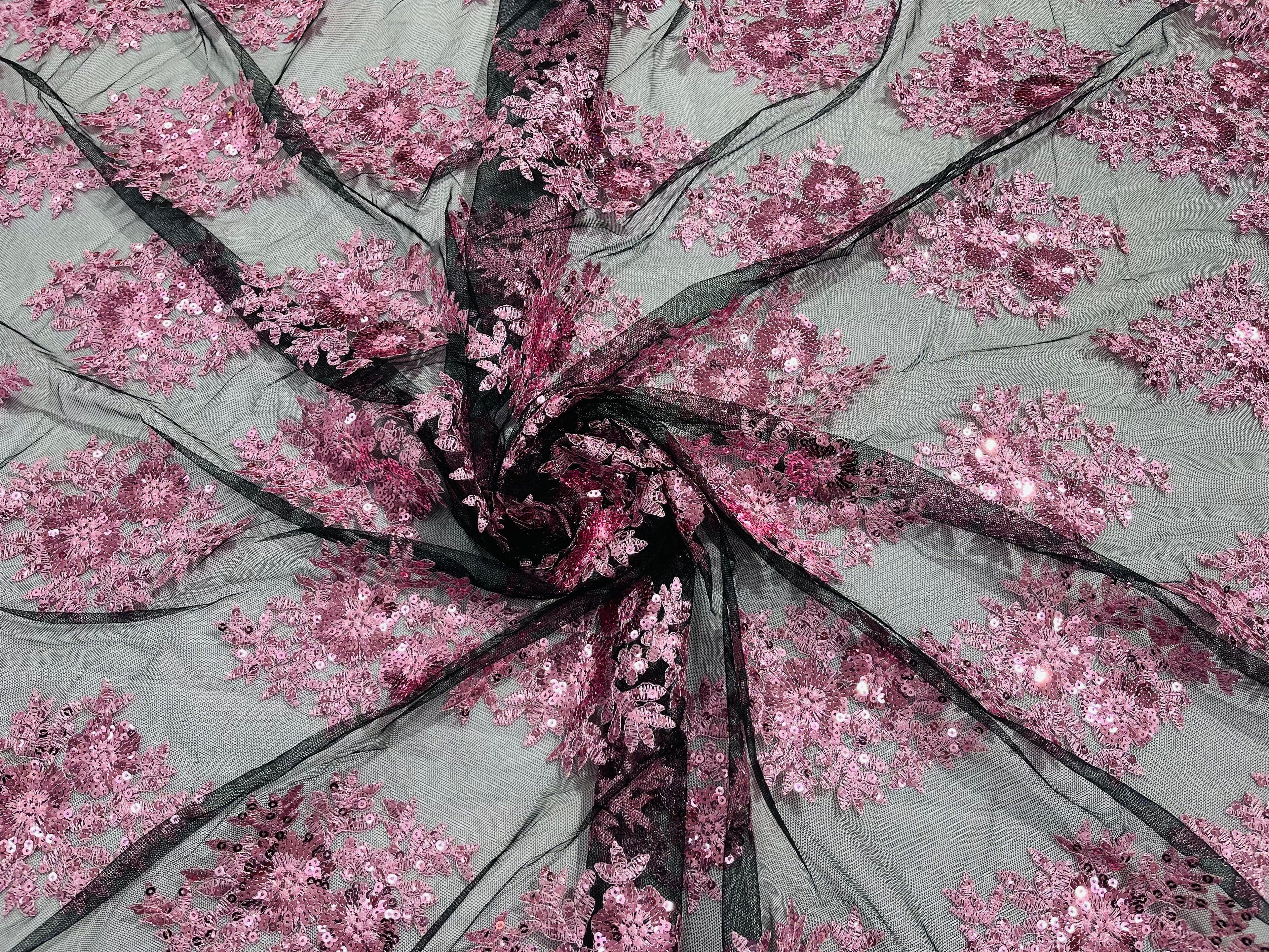 Floral Lace Fabric - Pink on Black Mesh - Flower Cluster Embroidery Design With Sequins on a Mesh
