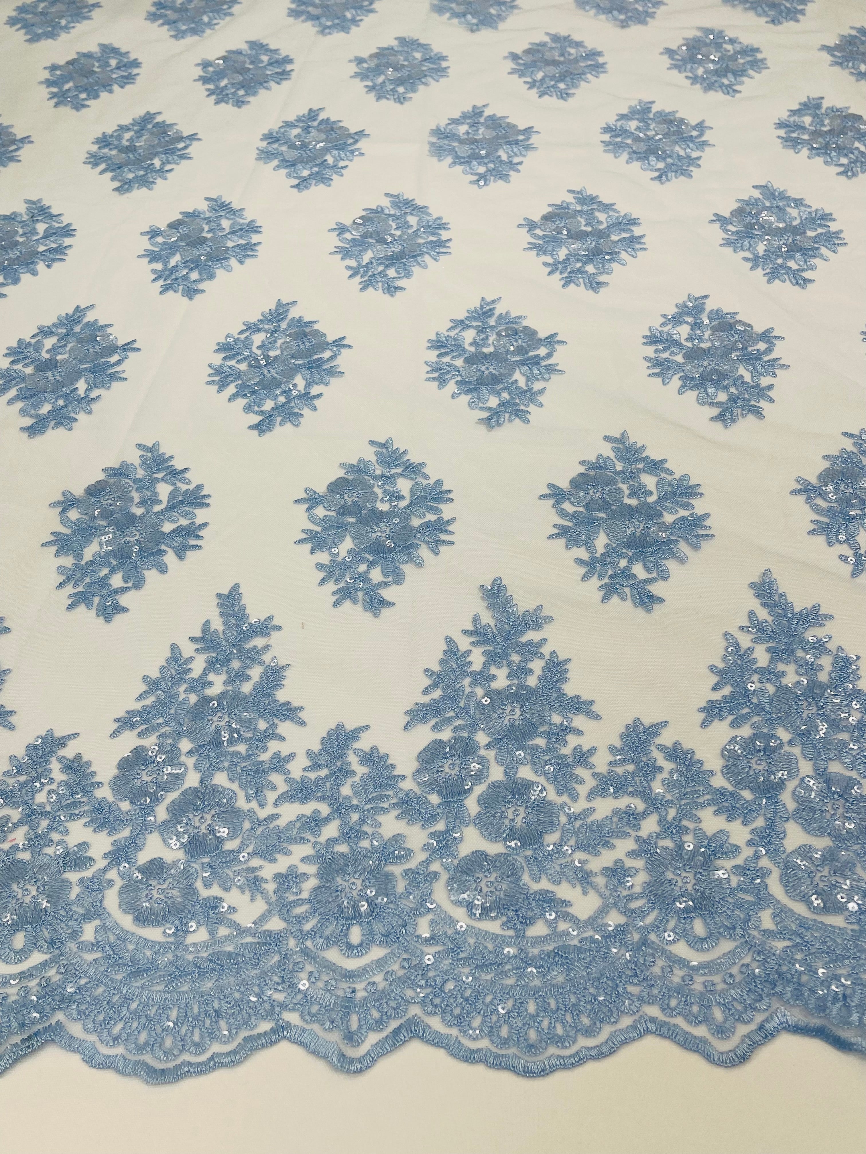 Floral Lace Fabric - Baby Blue - Flower Cluster Embroidery Design With Sequins on a Mesh