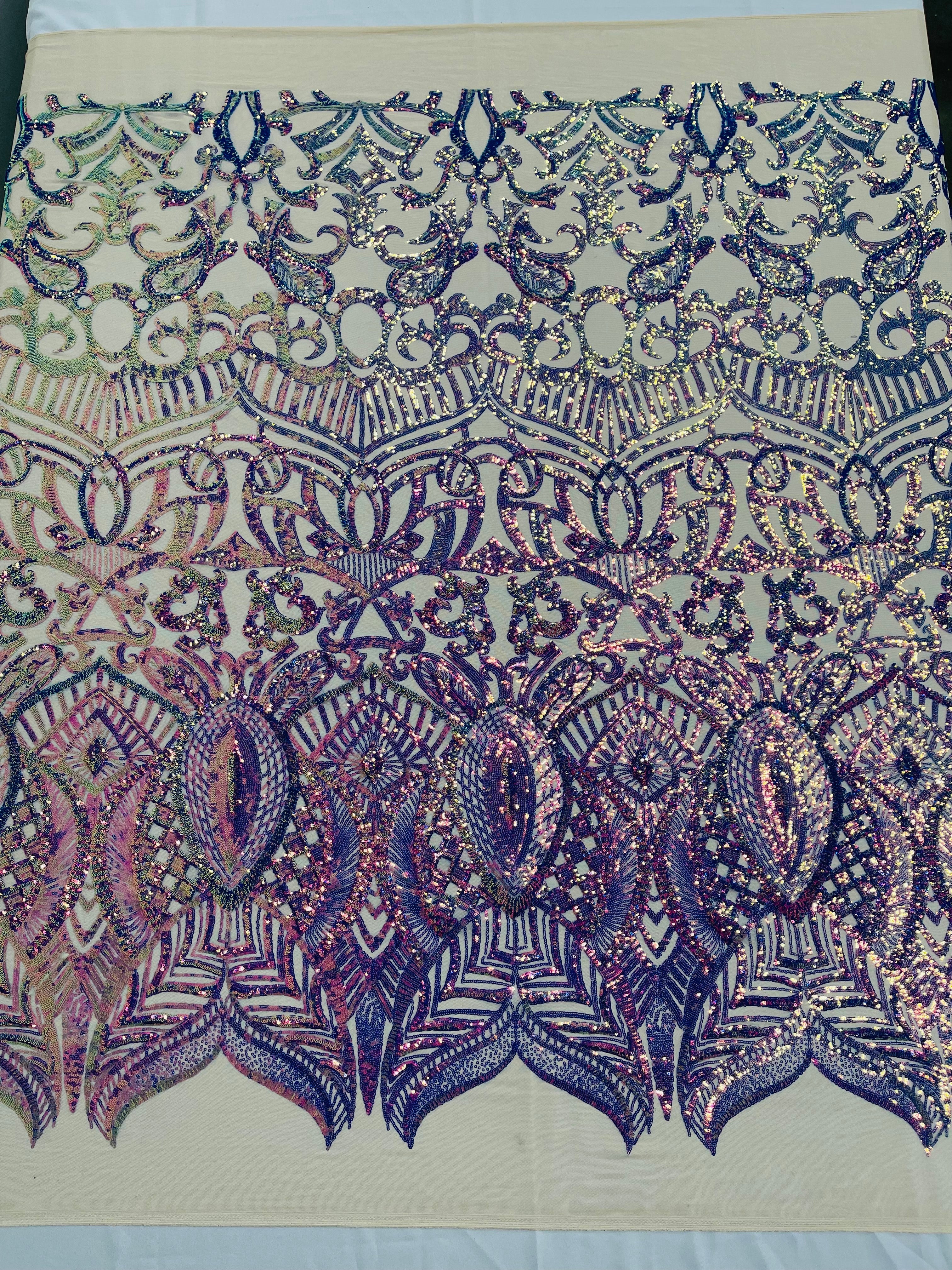 Lavender Iridescent - 4 Way Stretch Embroidered Royalty Sequins Design Fabric By Yard