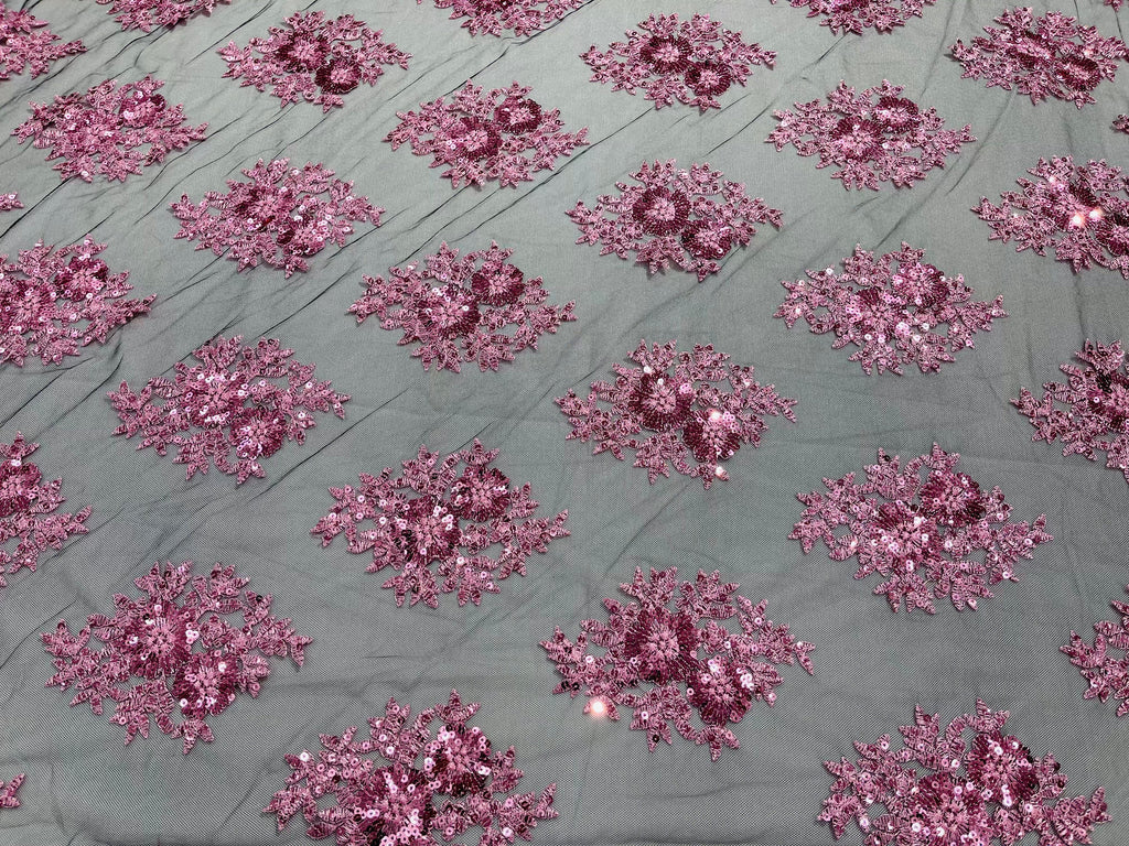 Floral Lace Fabric - Pink on Black Mesh - Flower Cluster Embroidery Design With Sequins on a Mesh