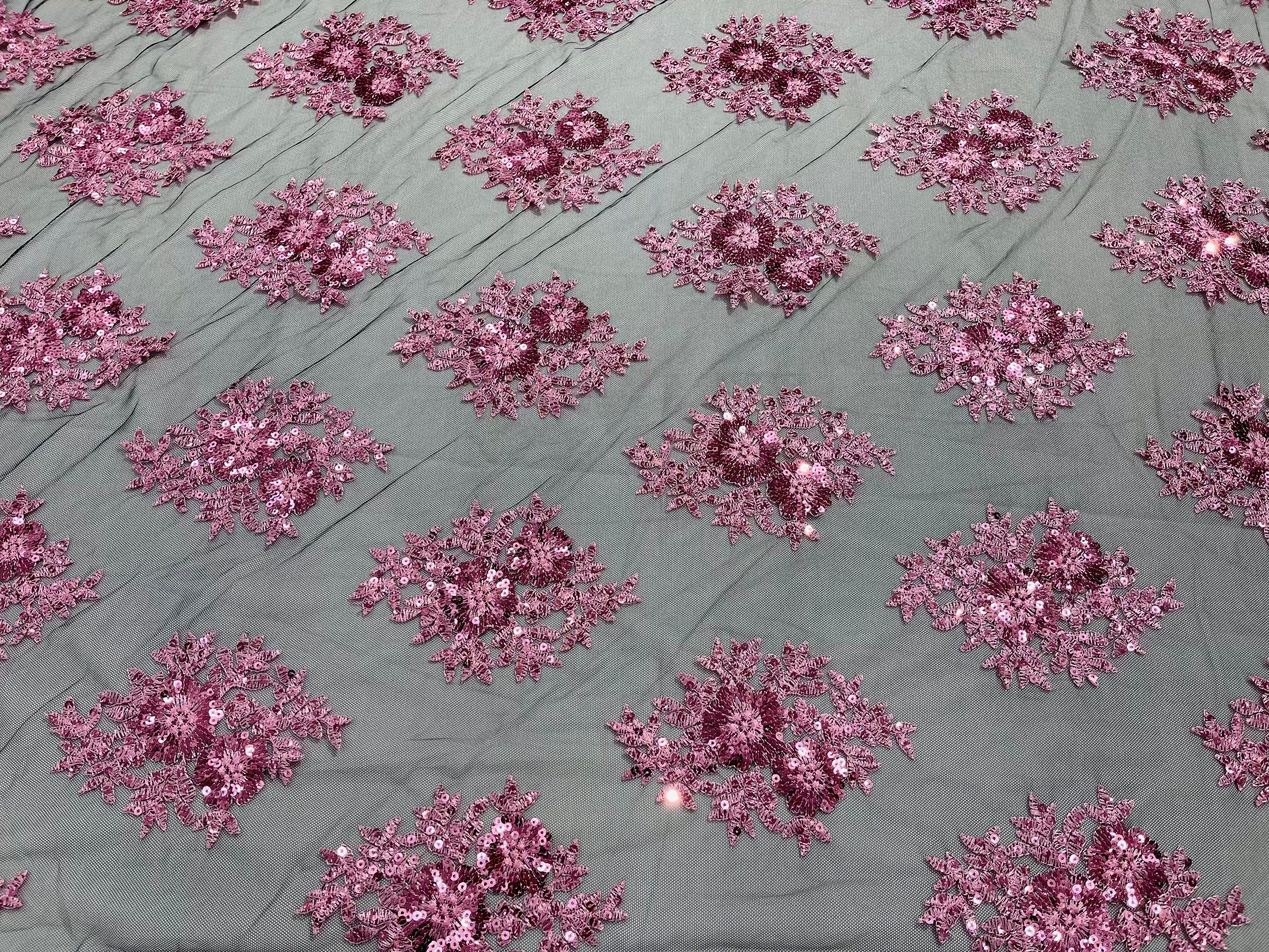 Floral Lace Fabric - Pink on Black Mesh - Flower Cluster Embroidery Design With Sequins on a Mesh