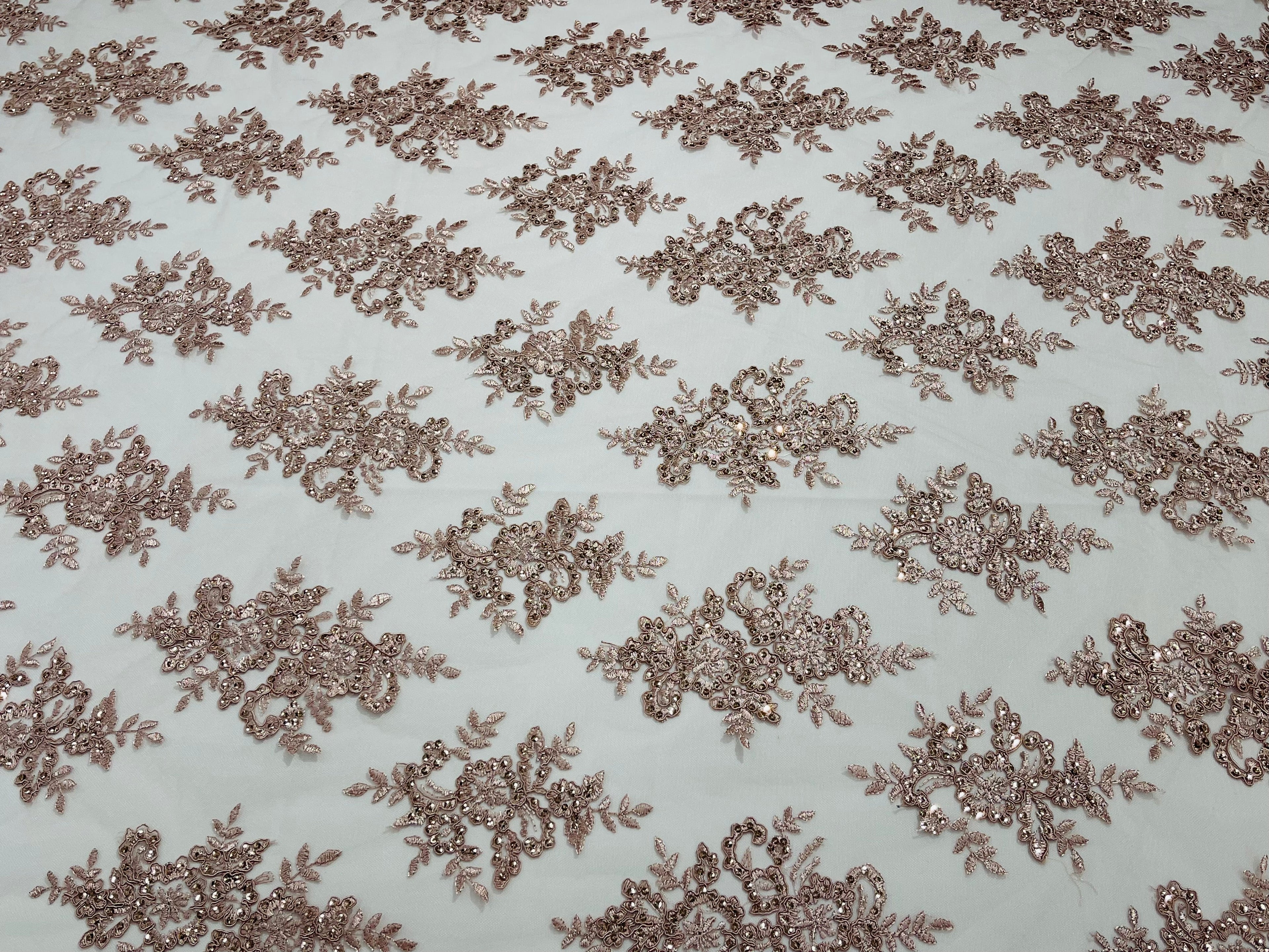Blush Floral Lace Fabric - by the yard - Corded Flower Embroidery Design With Sequins on a Mesh