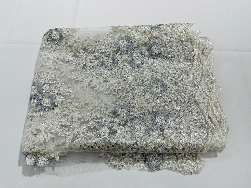Floral Lace Fabric - Off-White - Flower Cluster Embroidery Design With Sequins on a Mesh
