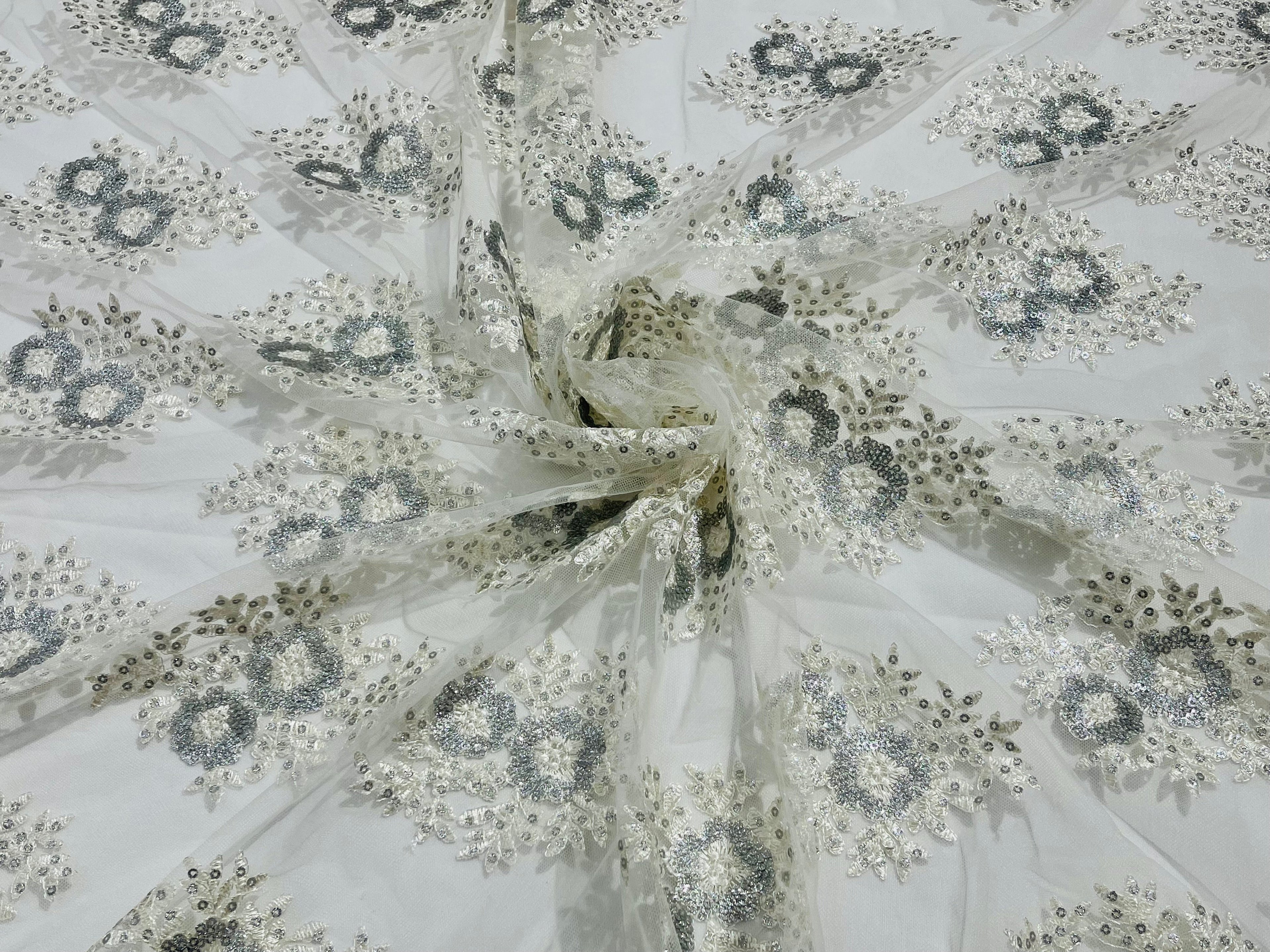 Floral Lace Fabric - Off-White - Flower Cluster Embroidery Design With Sequins on a Mesh