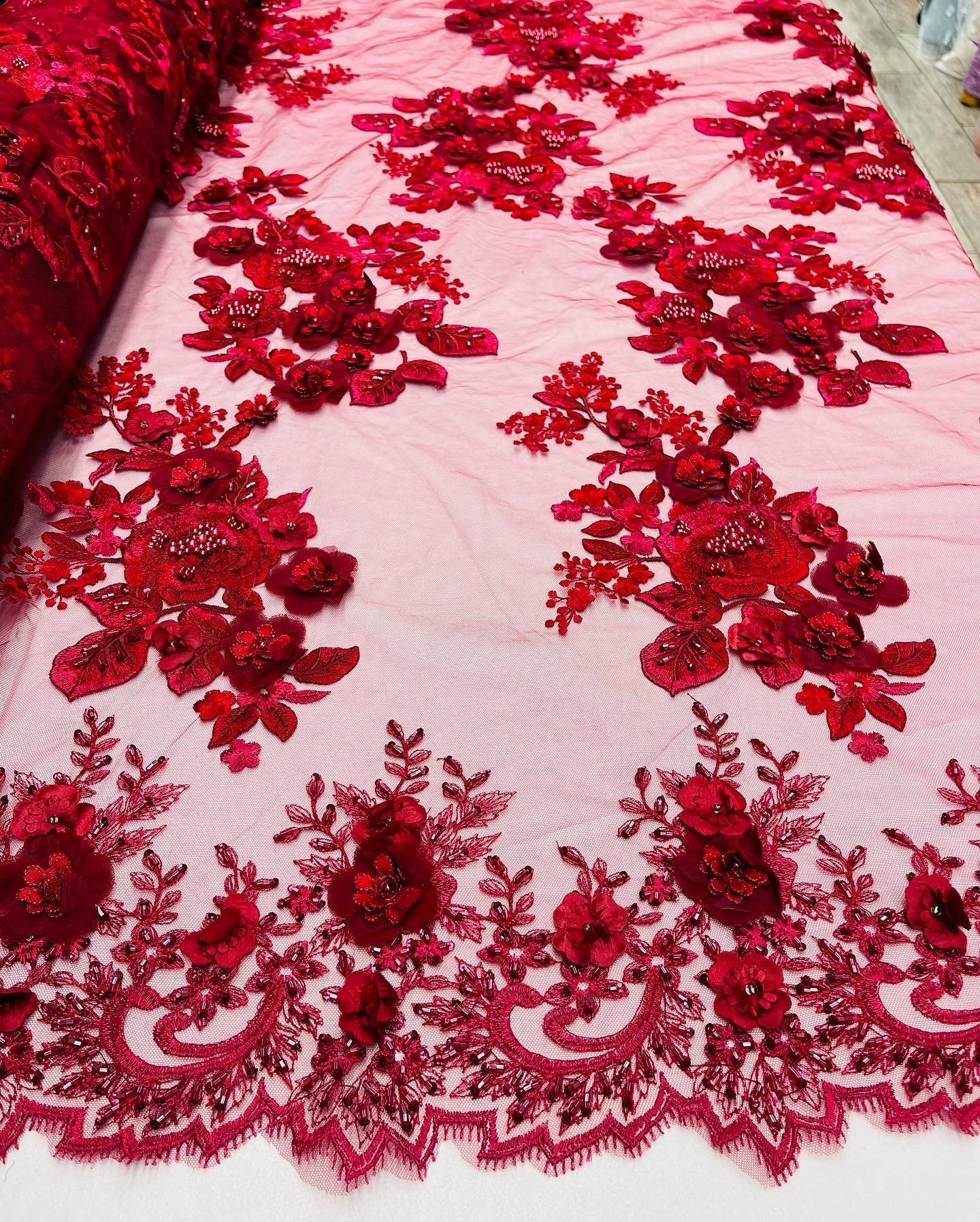 Burgundy Flower 3D Fabric - by the Yard - Embroided Fabric Flower Pearls and Beaded Fabric
