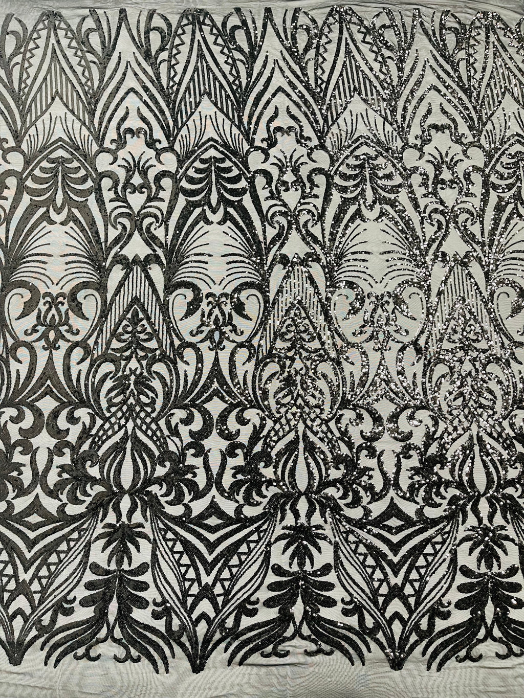 Black Sequin Fabric - by the yard - On Mesh 4 Way Stretch, Damask Design Sequins