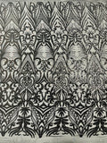 Black Sequin Fabric - by the yard - On Mesh 4 Way Stretch, Damask Design Sequins