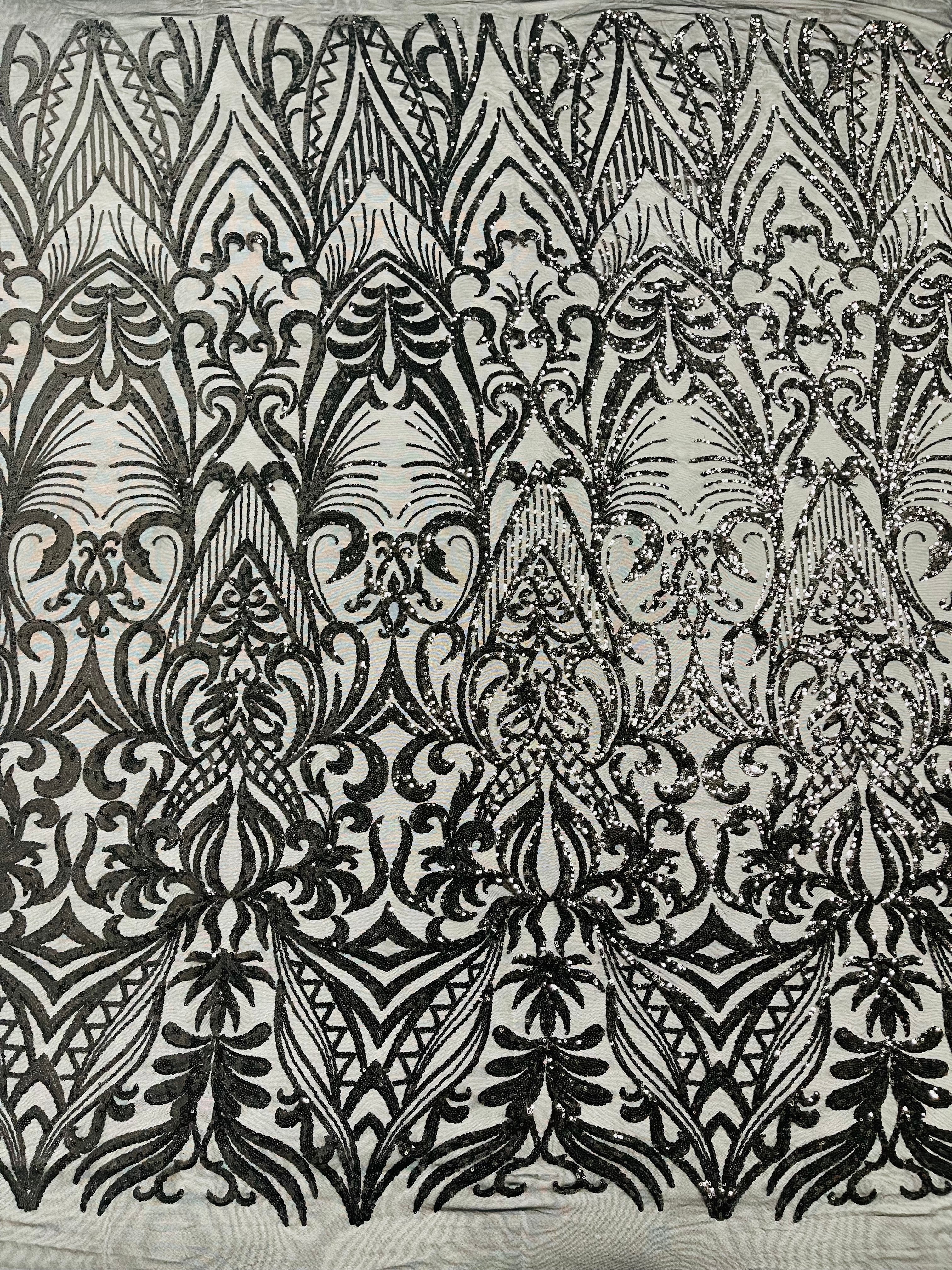 Black Sequin Fabric - by the yard - On Mesh 4 Way Stretch, Damask Design Sequins