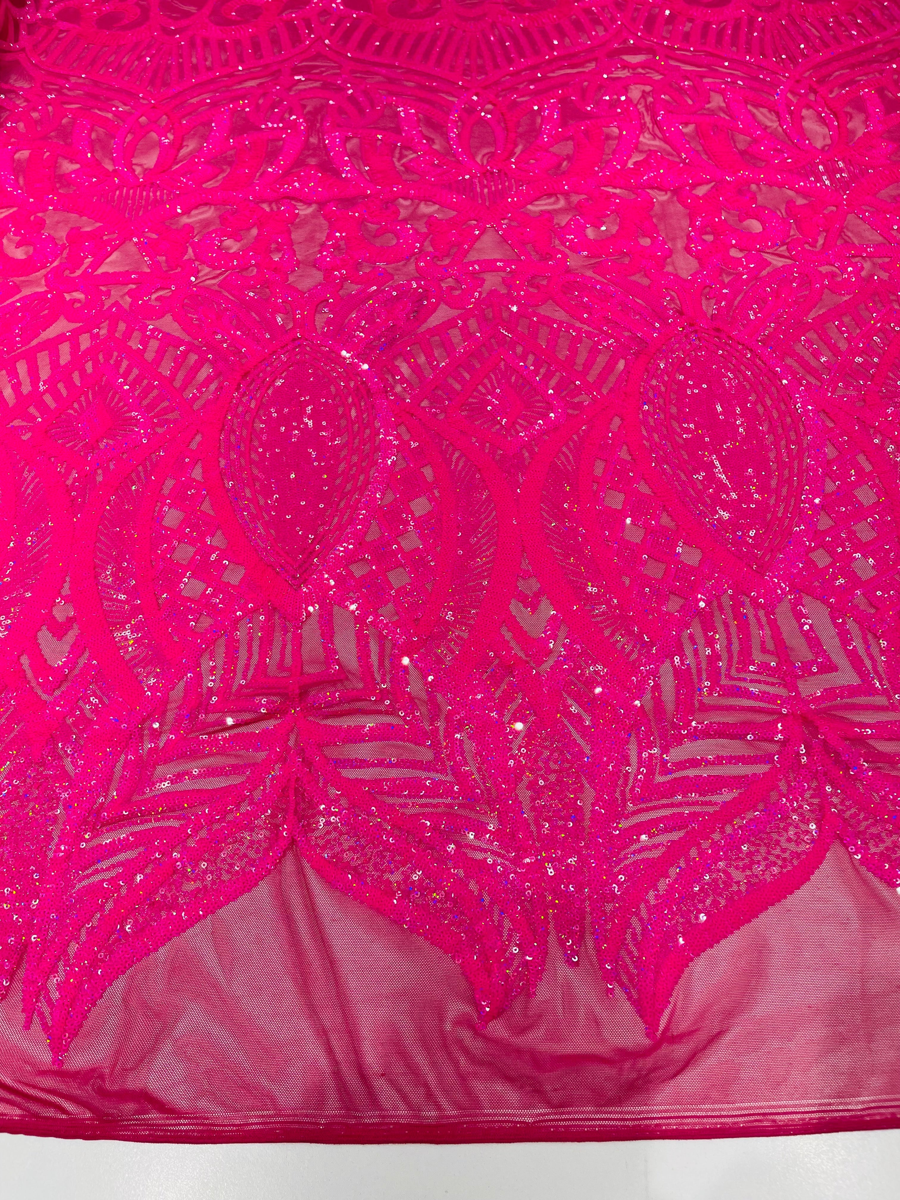 Hot Pink Iridescent Sequin - 4 Way Stretch Embroidered Royalty Sequins Design Fabric By Yard