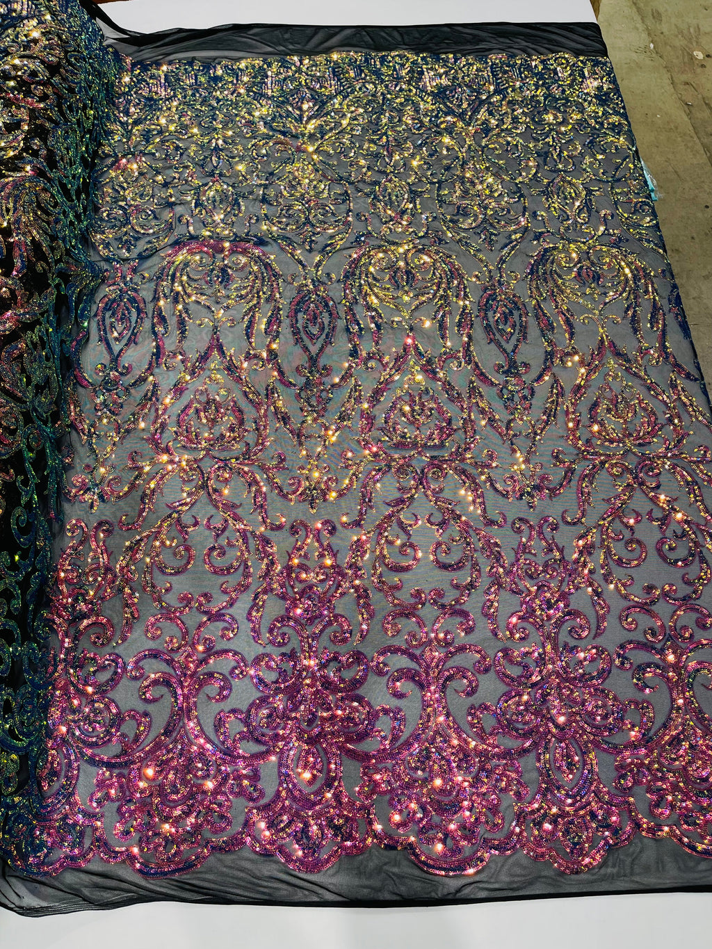 Iridescent Rainbow Sequin Fabric On Black Mesh 4 Way Stretch Damask Design By The Yard